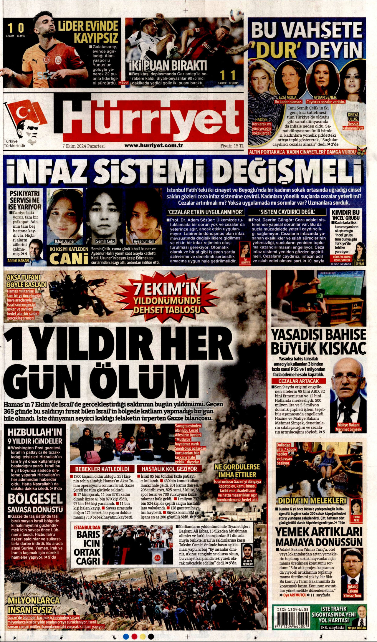 HÜRRİYET gazetesinin 7 Ekim 2024 tarihli birinci sayfası