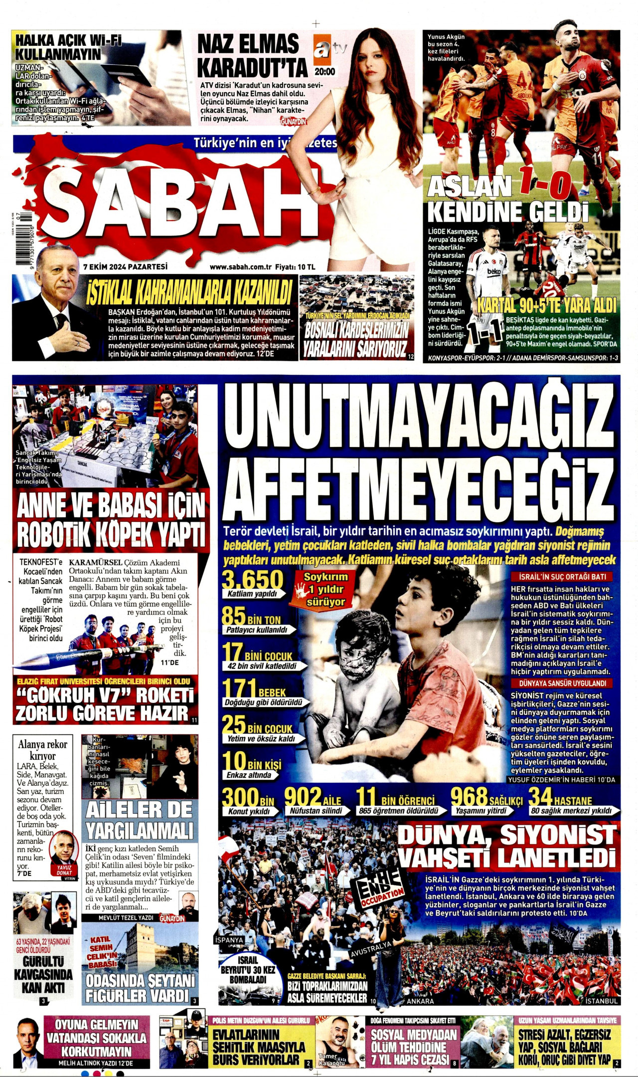 SABAH gazetesinin 7 Ekim 2024 tarihli birinci sayfası