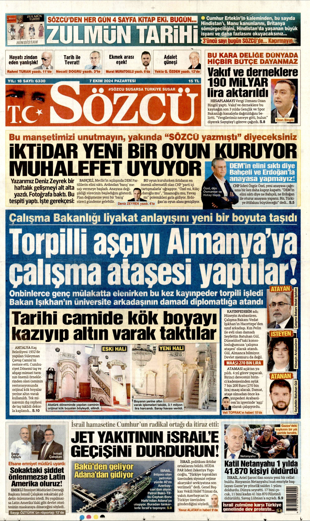 SÖZCÜ gazetesinin 7 Ekim 2024 tarihli birinci sayfası