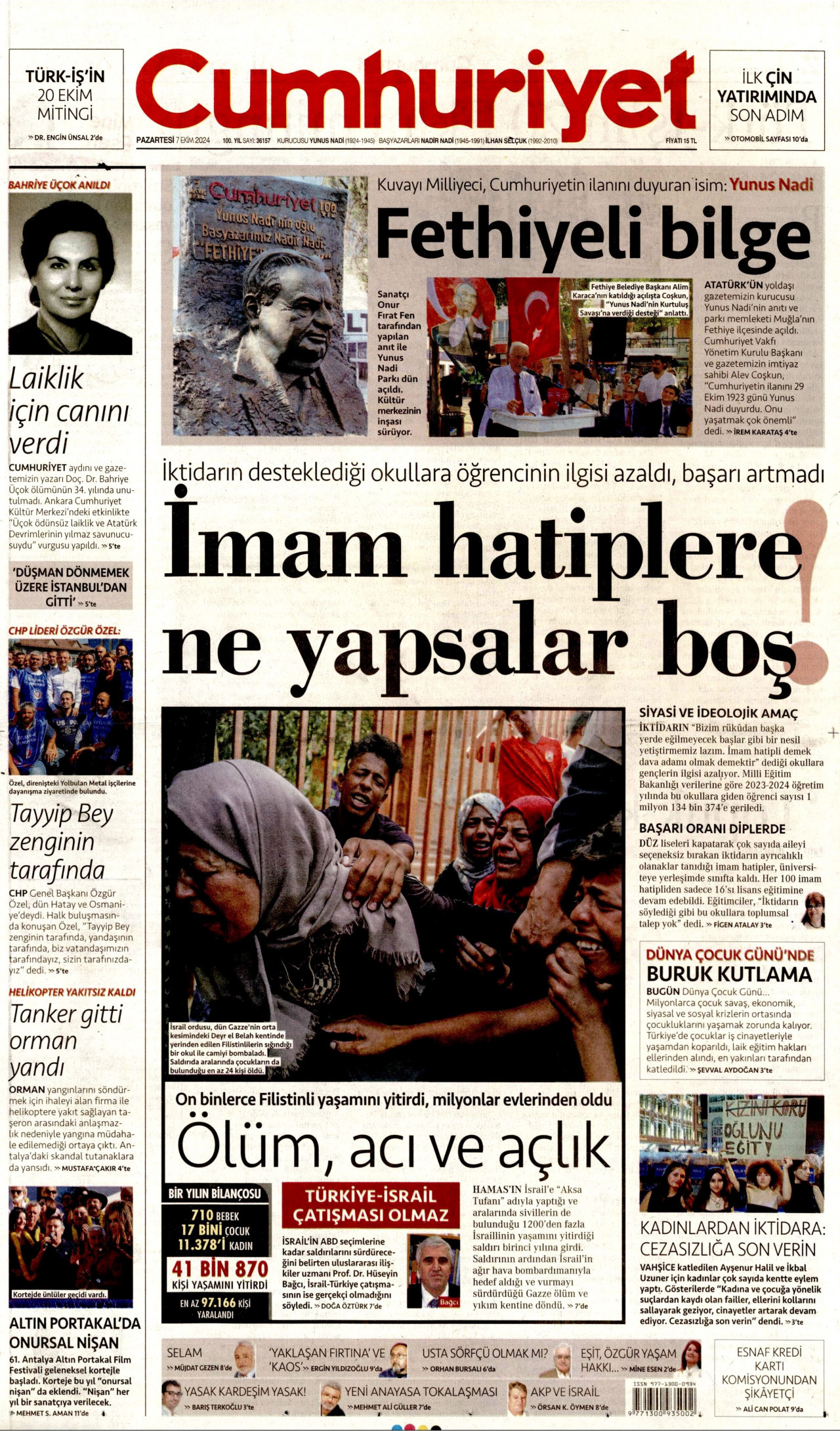 CUMHURİYET gazetesinin 7 Ekim 2024 tarihli birinci sayfası