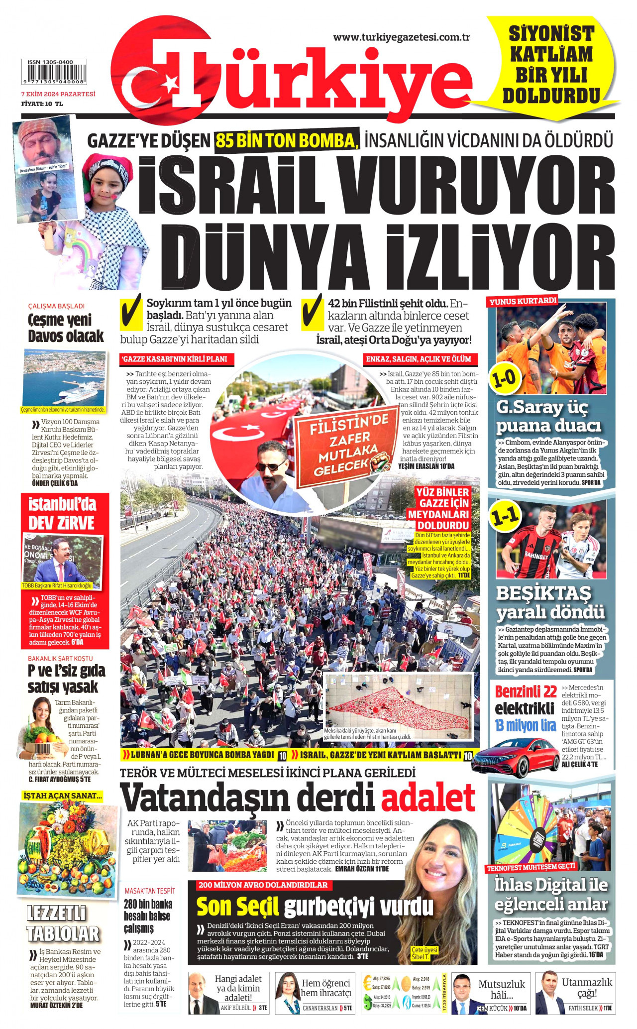 TÜRKİYE GAZETESİ gazetesinin 7 Ekim 2024 tarihli birinci sayfası