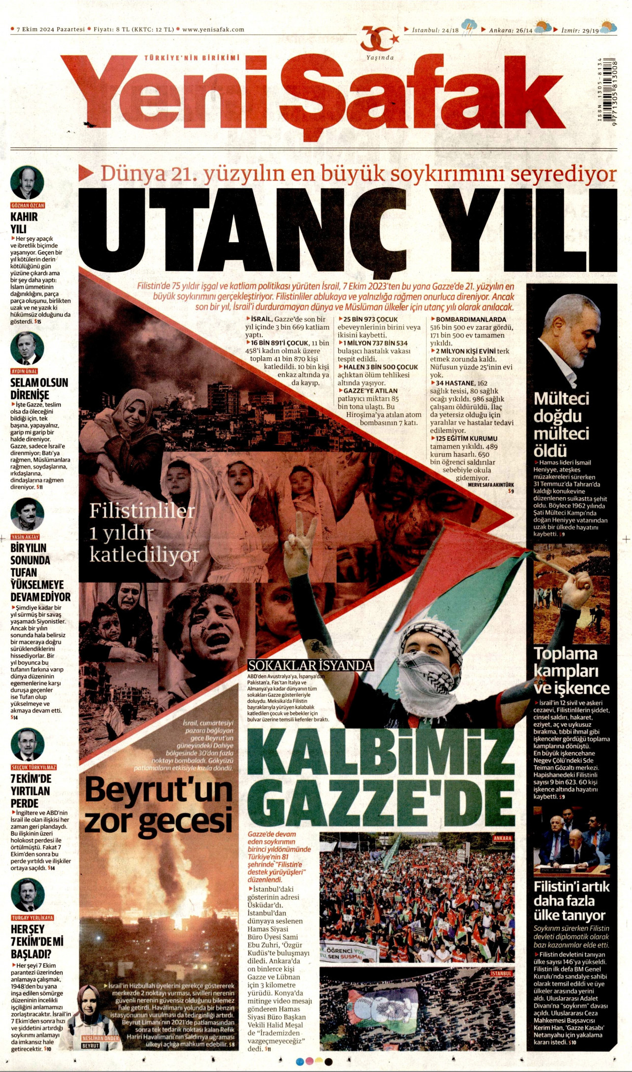 YENİ ŞAFAK gazetesinin 7 Ekim 2024 tarihli birinci sayfası