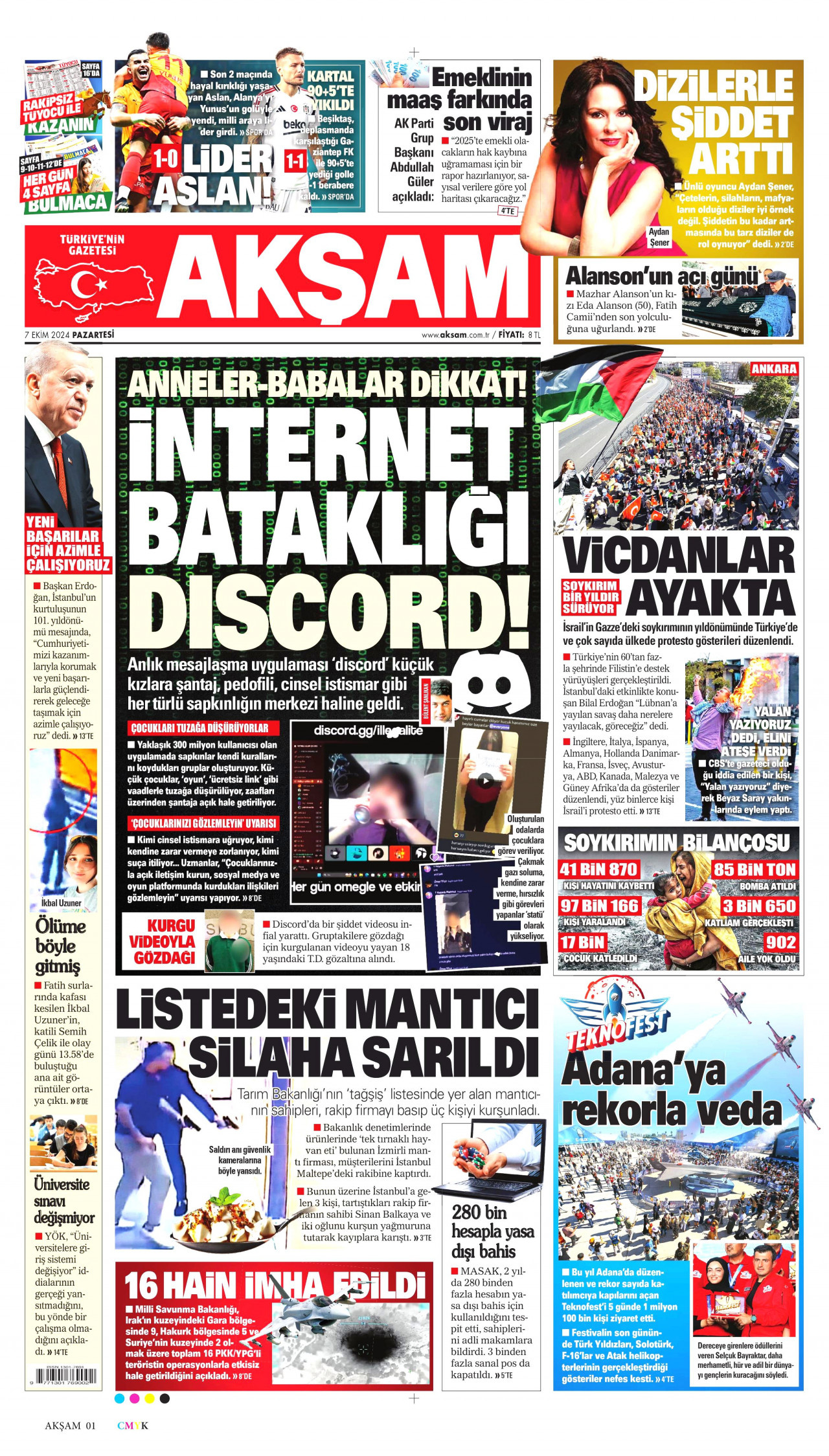 AKŞAM gazetesinin 7 Ekim 2024 tarihli birinci sayfası