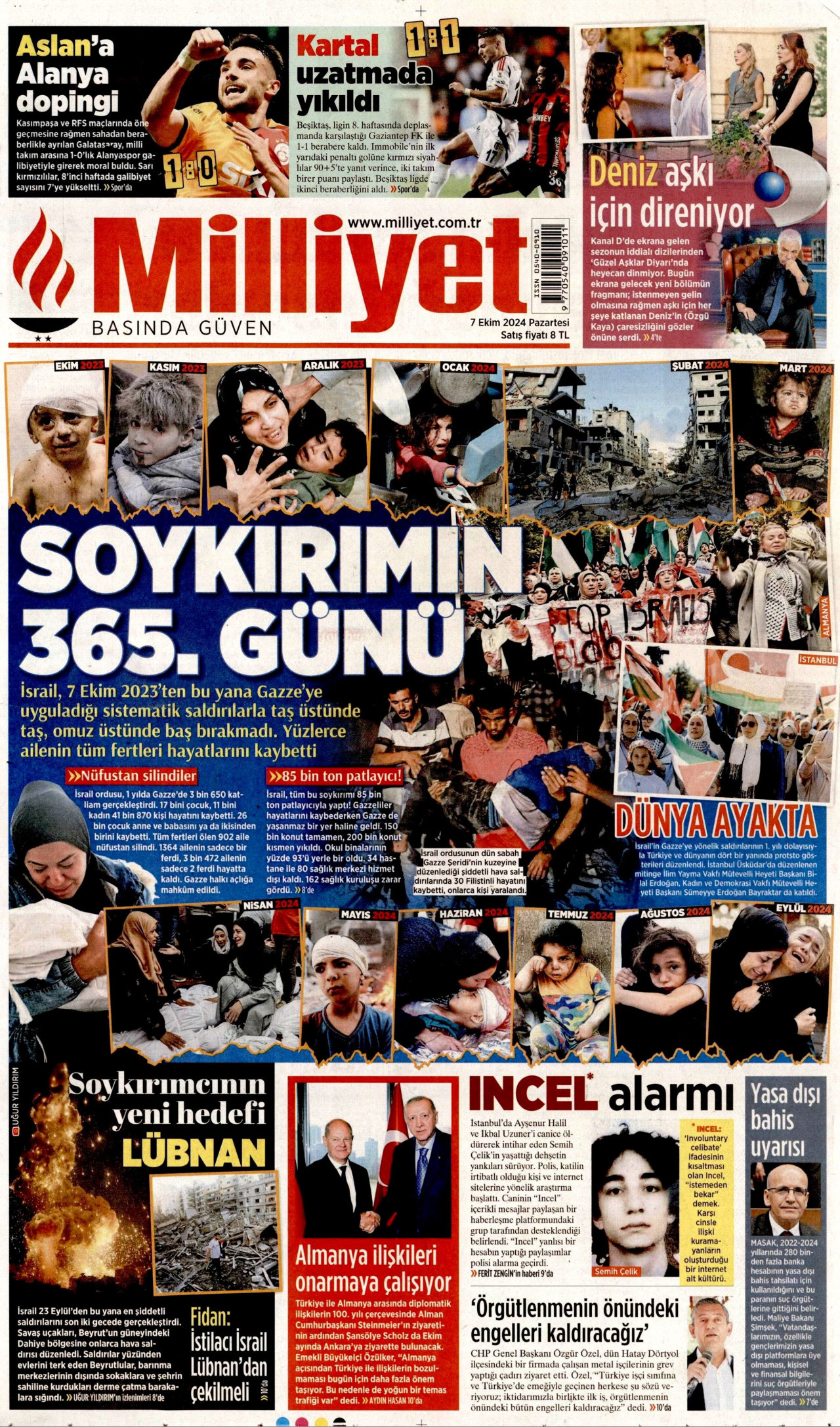MİLLİYET gazetesinin 7 Ekim 2024 tarihli birinci sayfası