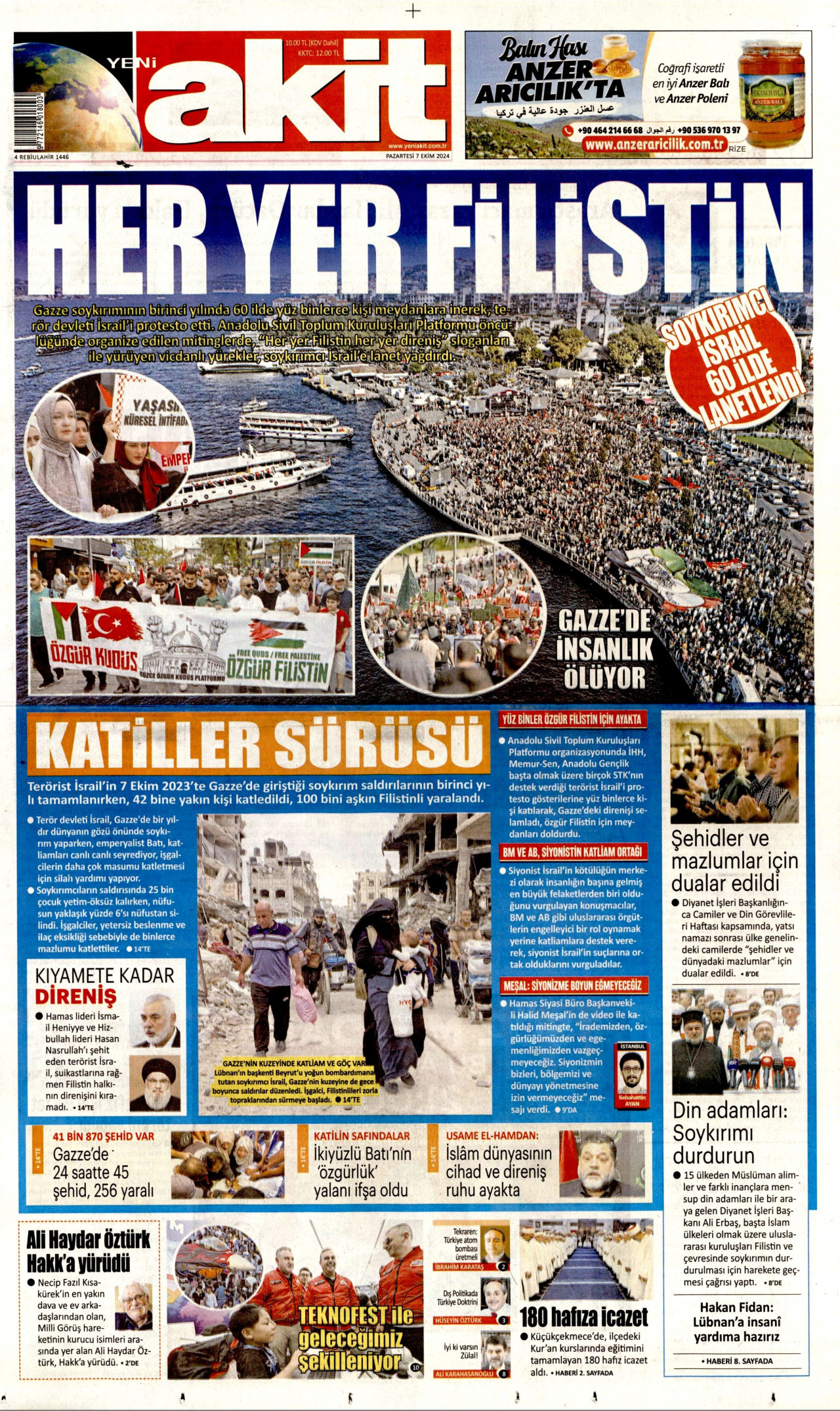 YENİ AKİT gazetesinin 7 Ekim 2024 tarihli birinci sayfası