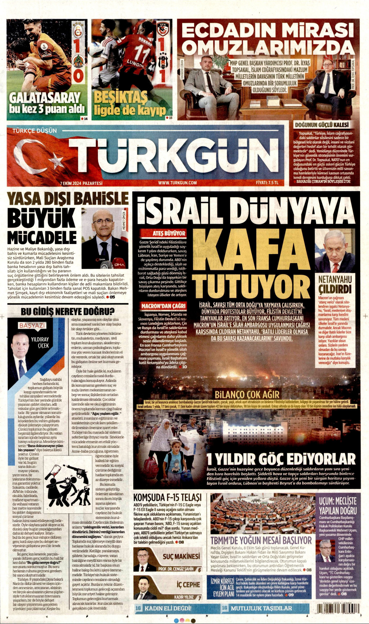 TÜRKGÜN gazetesinin 7 Ekim 2024 tarihli birinci sayfası