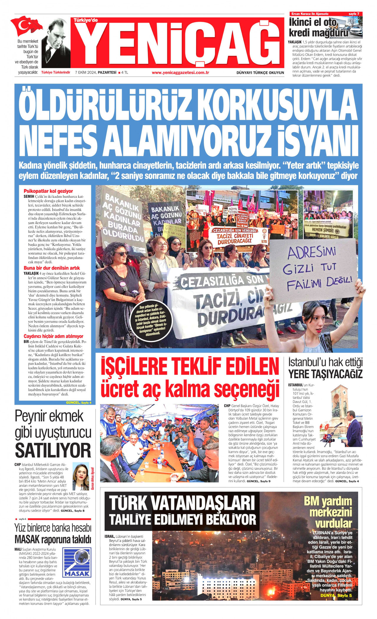 YENİÇAĞ gazetesinin 7 Ekim 2024 tarihli birinci sayfası