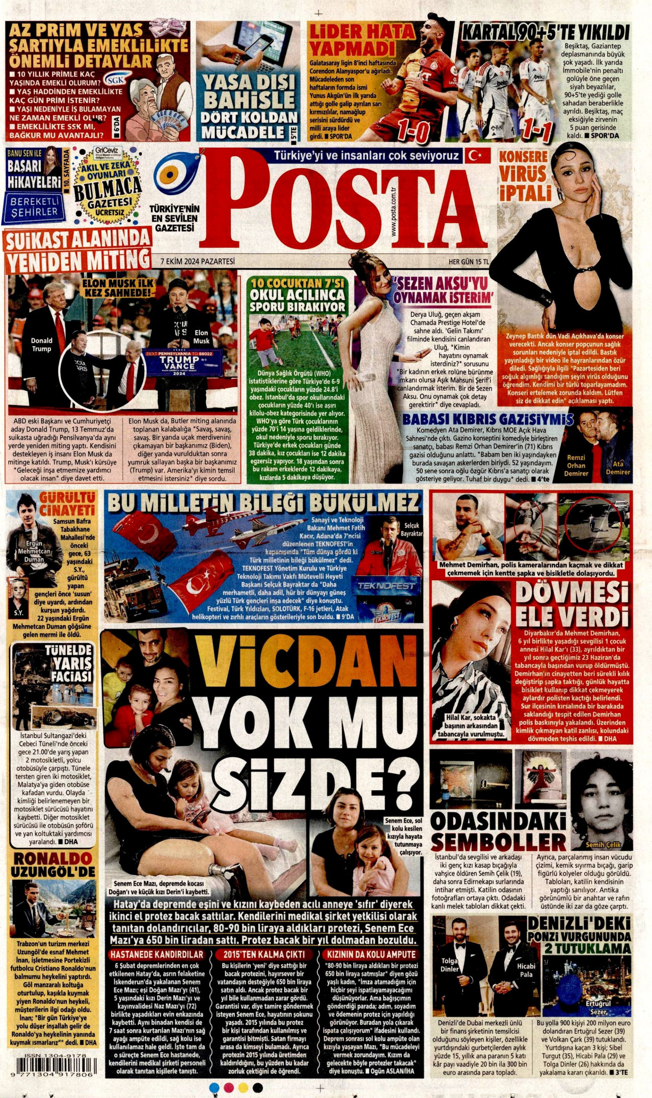 POSTA gazetesinin 7 Ekim 2024 tarihli birinci sayfası