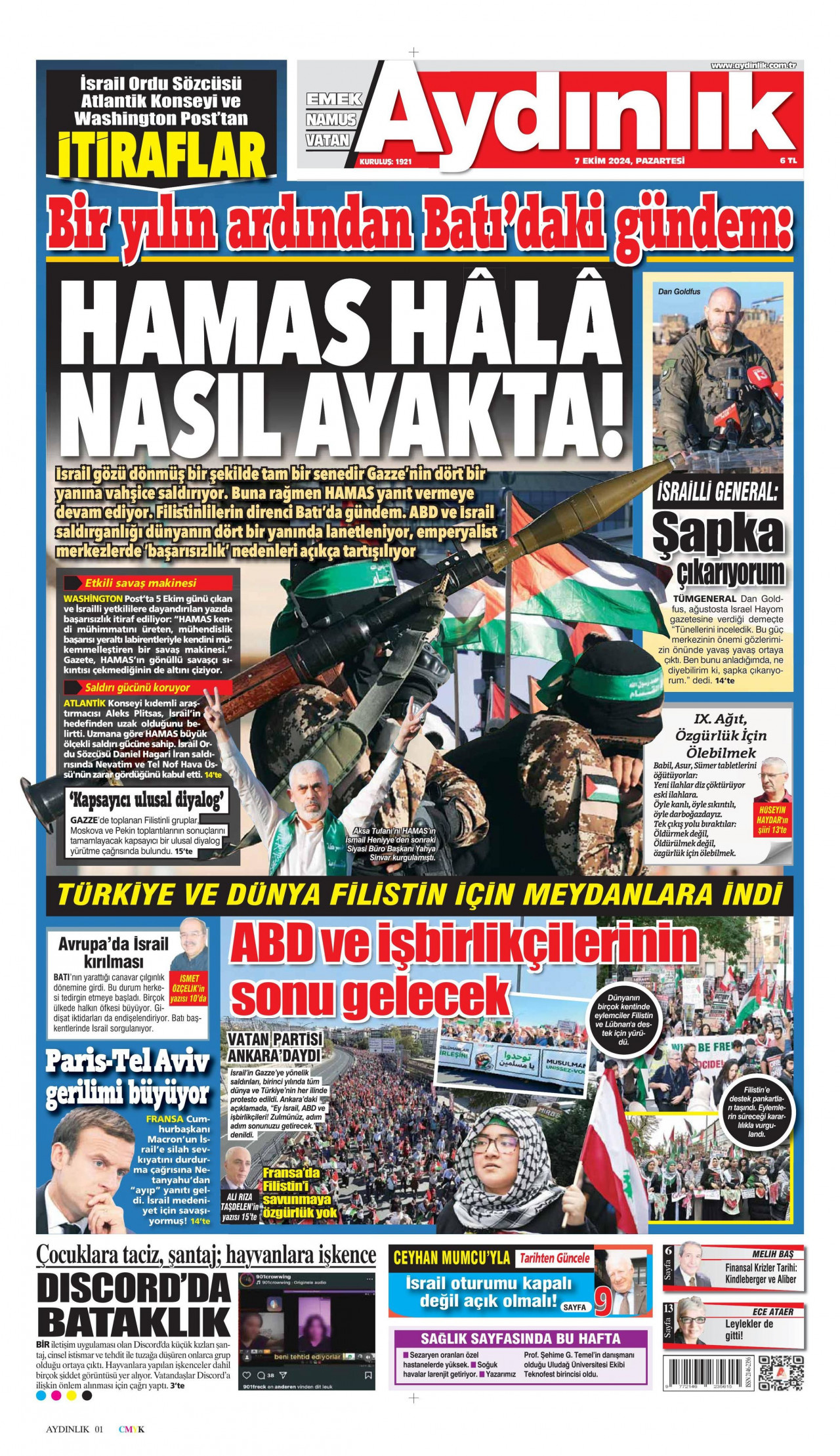 AYDINLIK GAZETESİ gazetesinin 7 Ekim 2024 tarihli birinci sayfası