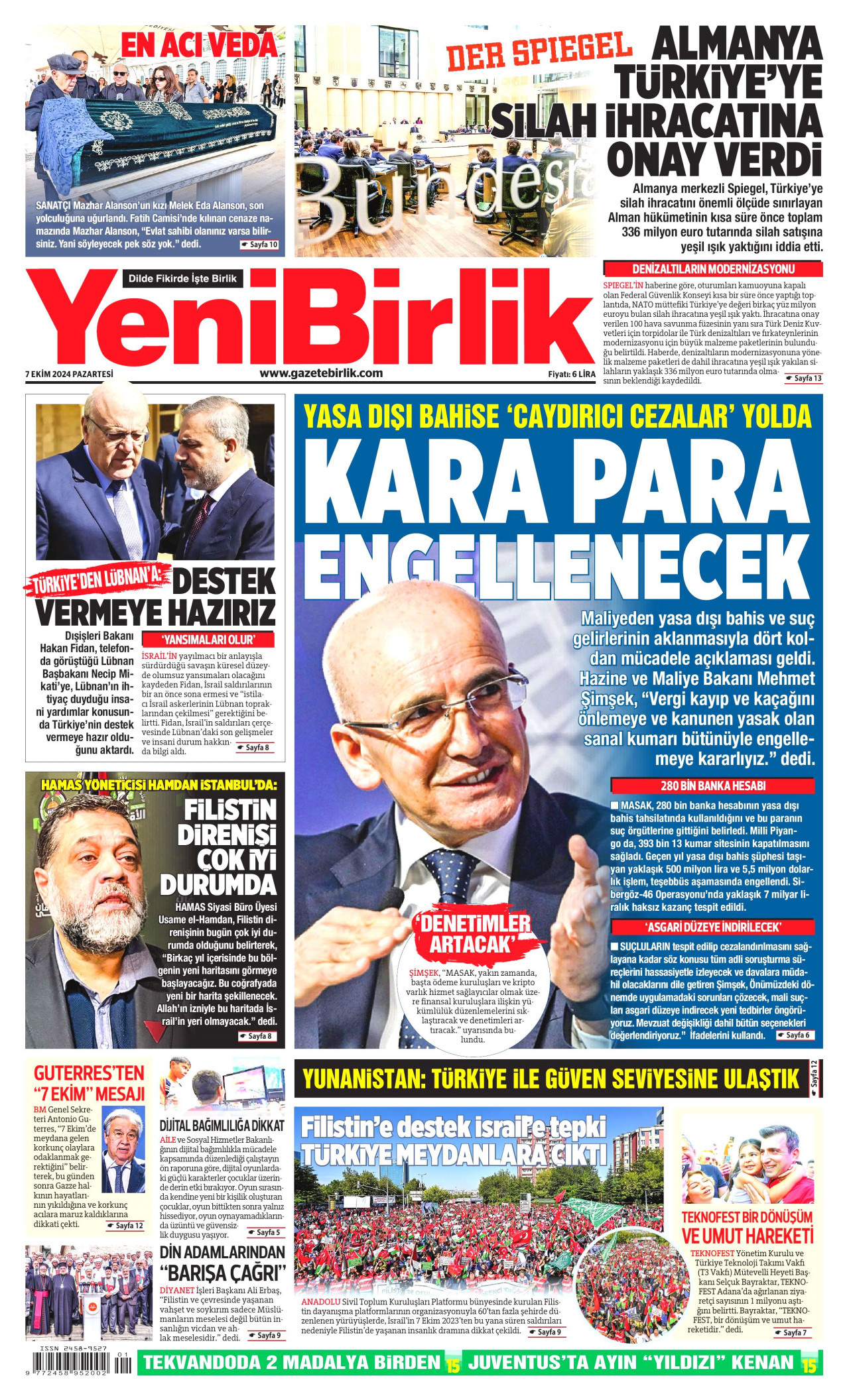 YENİBİRLİK gazetesinin 7 Ekim 2024 tarihli birinci sayfası