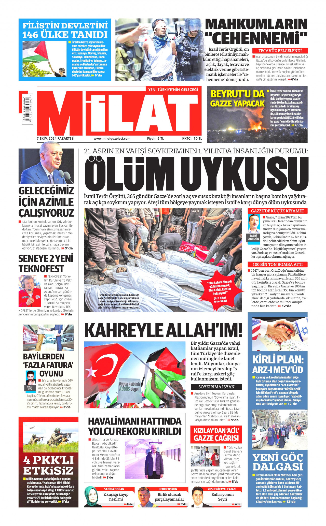 MİLAT gazetesinin 7 Ekim 2024 tarihli birinci sayfası