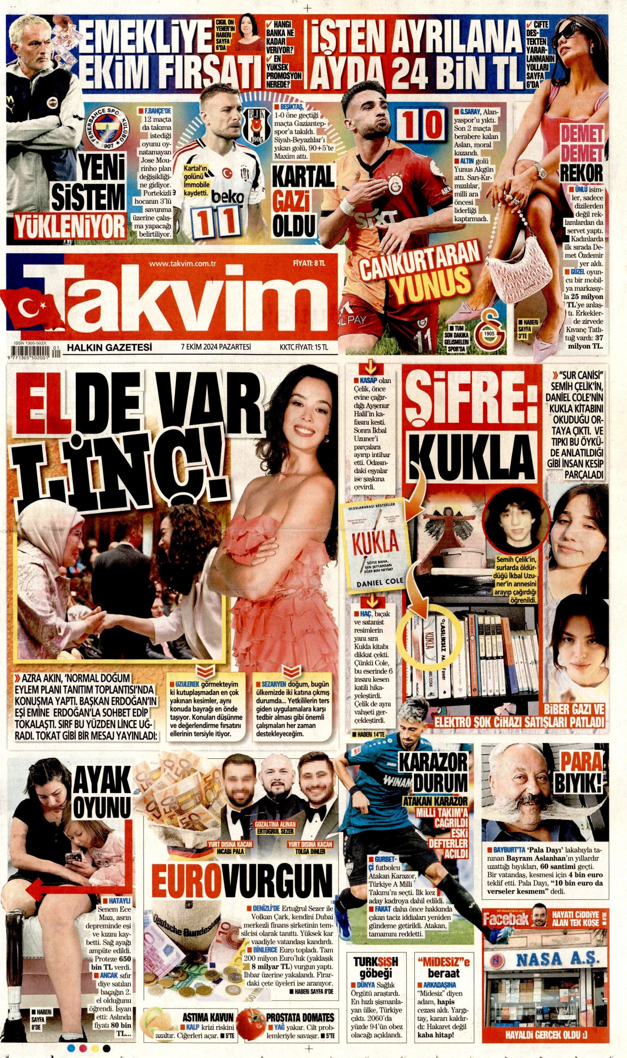 TAKVİM gazetesinin 7 Ekim 2024 tarihli birinci sayfası