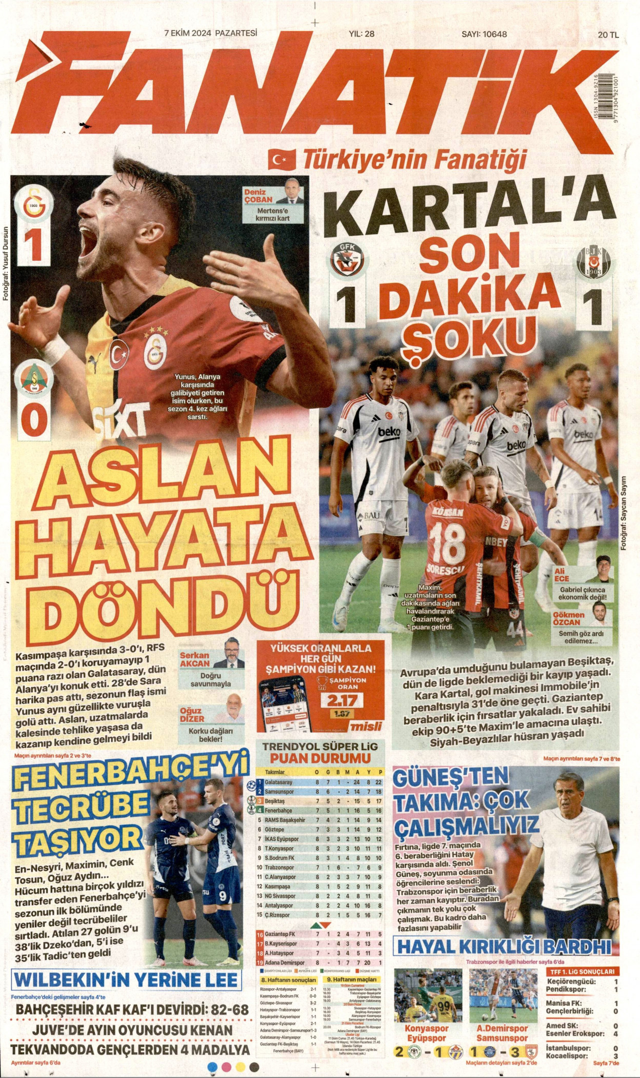 FANATİK gazetesinin 7 Ekim 2024 tarihli birinci sayfası