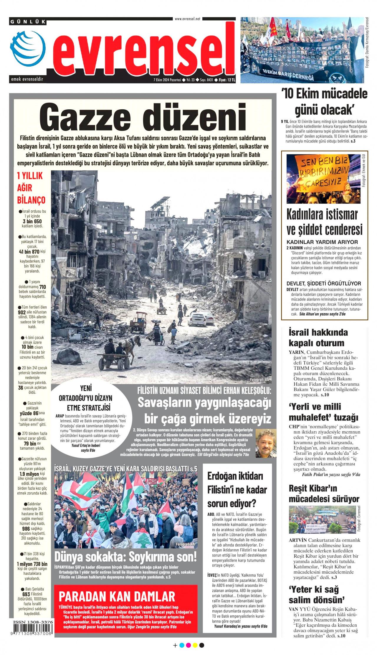 EVRENSEL gazetesinin 7 Ekim 2024 tarihli birinci sayfası