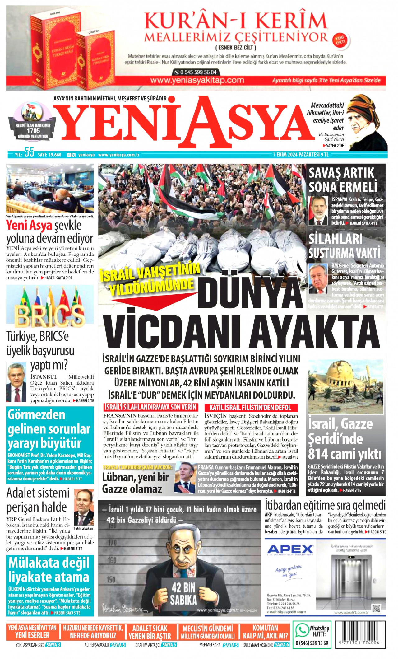 YENİ ASYA gazetesinin 7 Ekim 2024 tarihli birinci sayfası