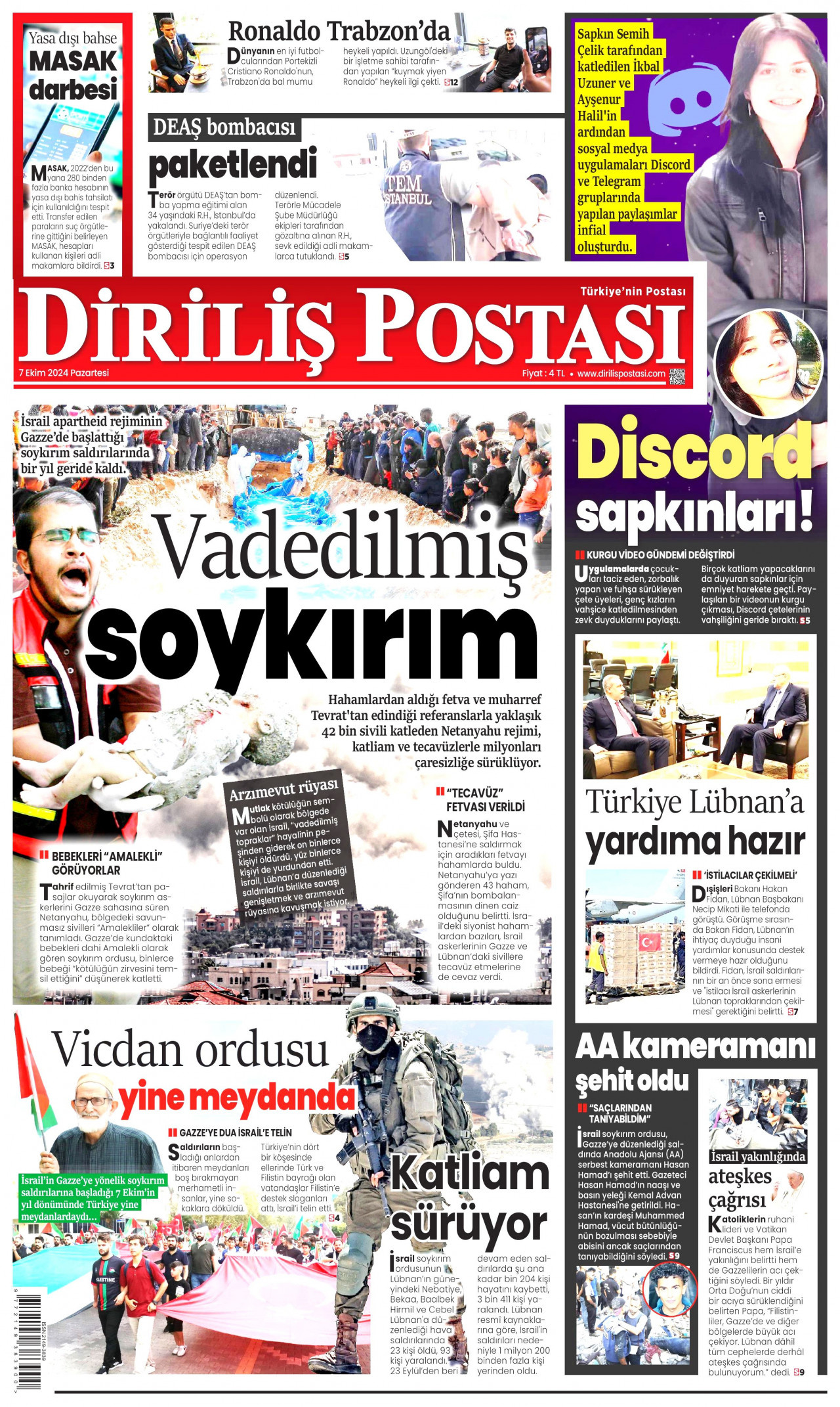 DİRİLİŞ POSTASI gazetesinin 7 Ekim 2024 tarihli birinci sayfası