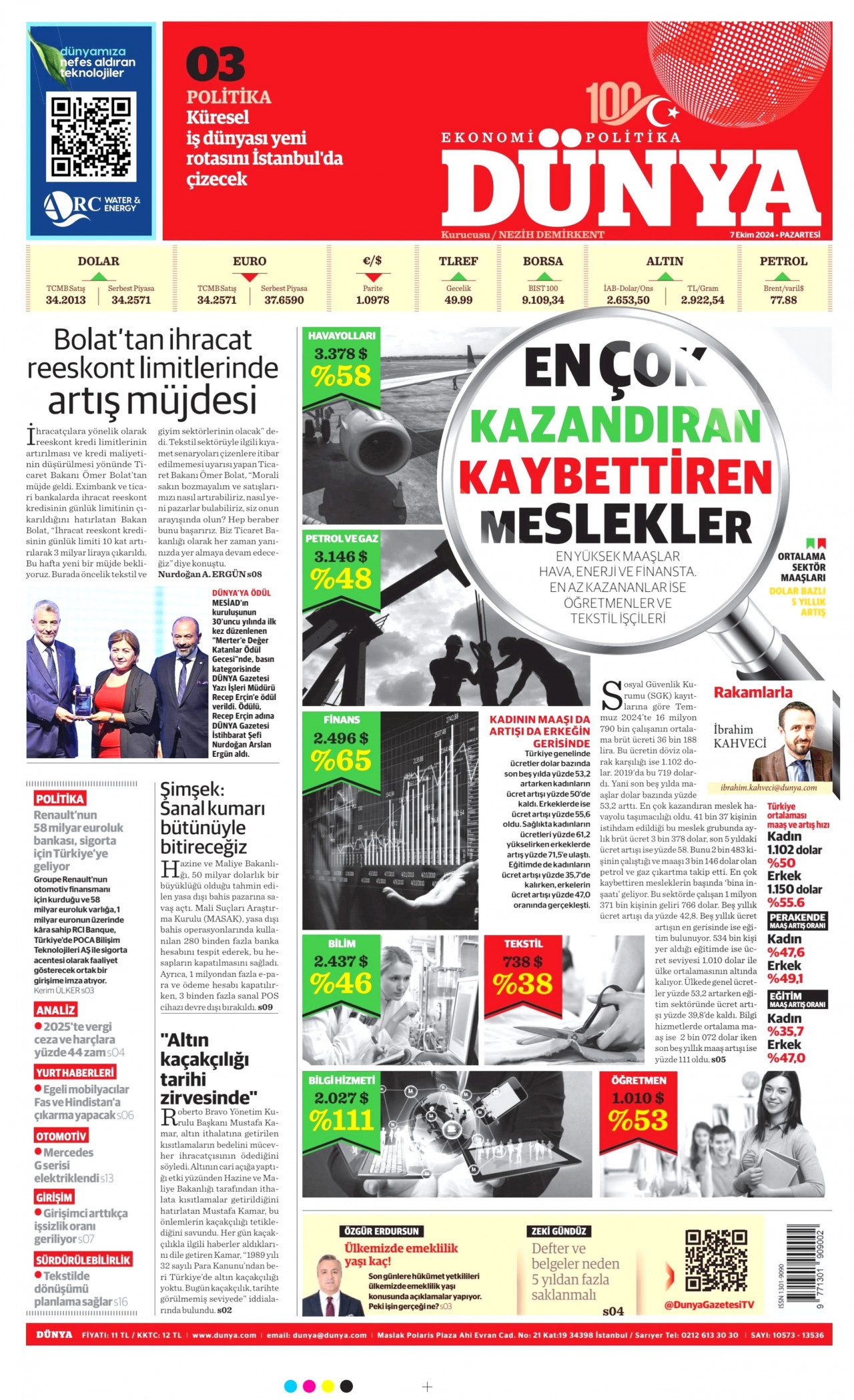 DÜNYA gazetesinin 7 Ekim 2024 tarihli birinci sayfası