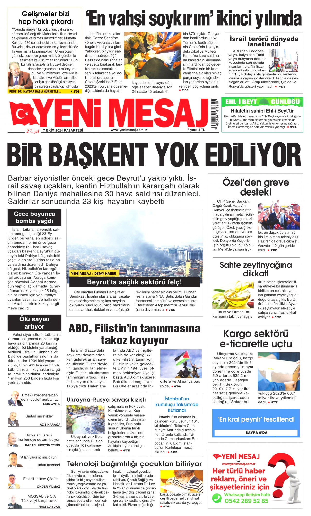 YENİ MESAJ gazetesinin 7 Ekim 2024 tarihli birinci sayfası
