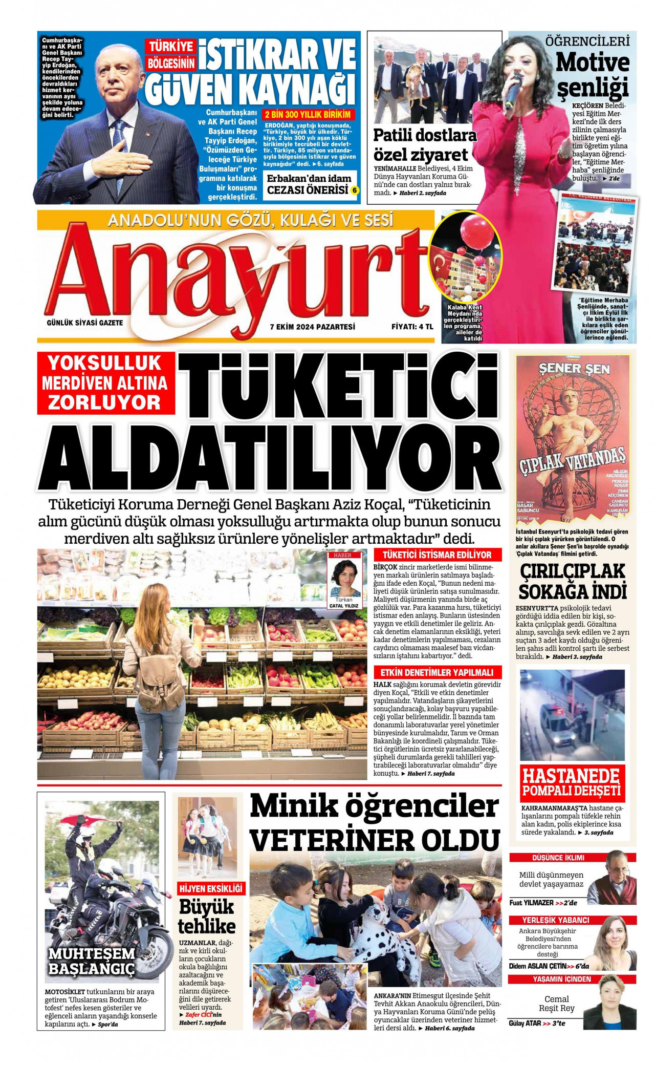 ANAYURT gazetesinin 7 Ekim 2024 tarihli birinci sayfası