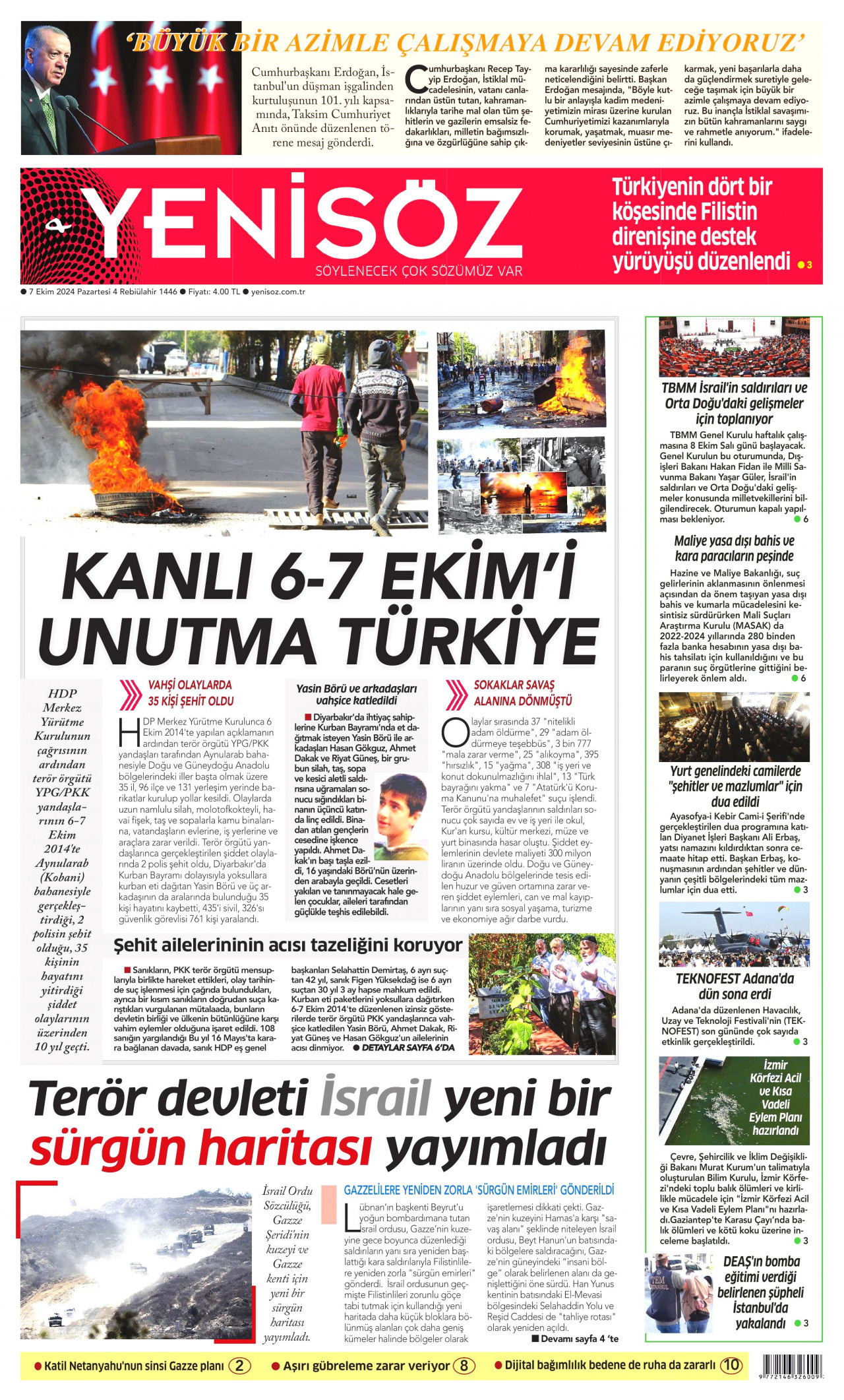 YENİ SÖZ GAZETESİ gazetesinin 7 Ekim 2024 tarihli birinci sayfası