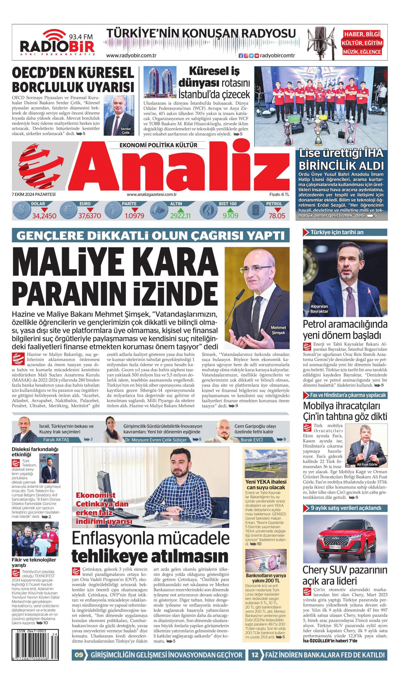 ANALİZ gazetesinin 7 Ekim 2024 tarihli birinci sayfası