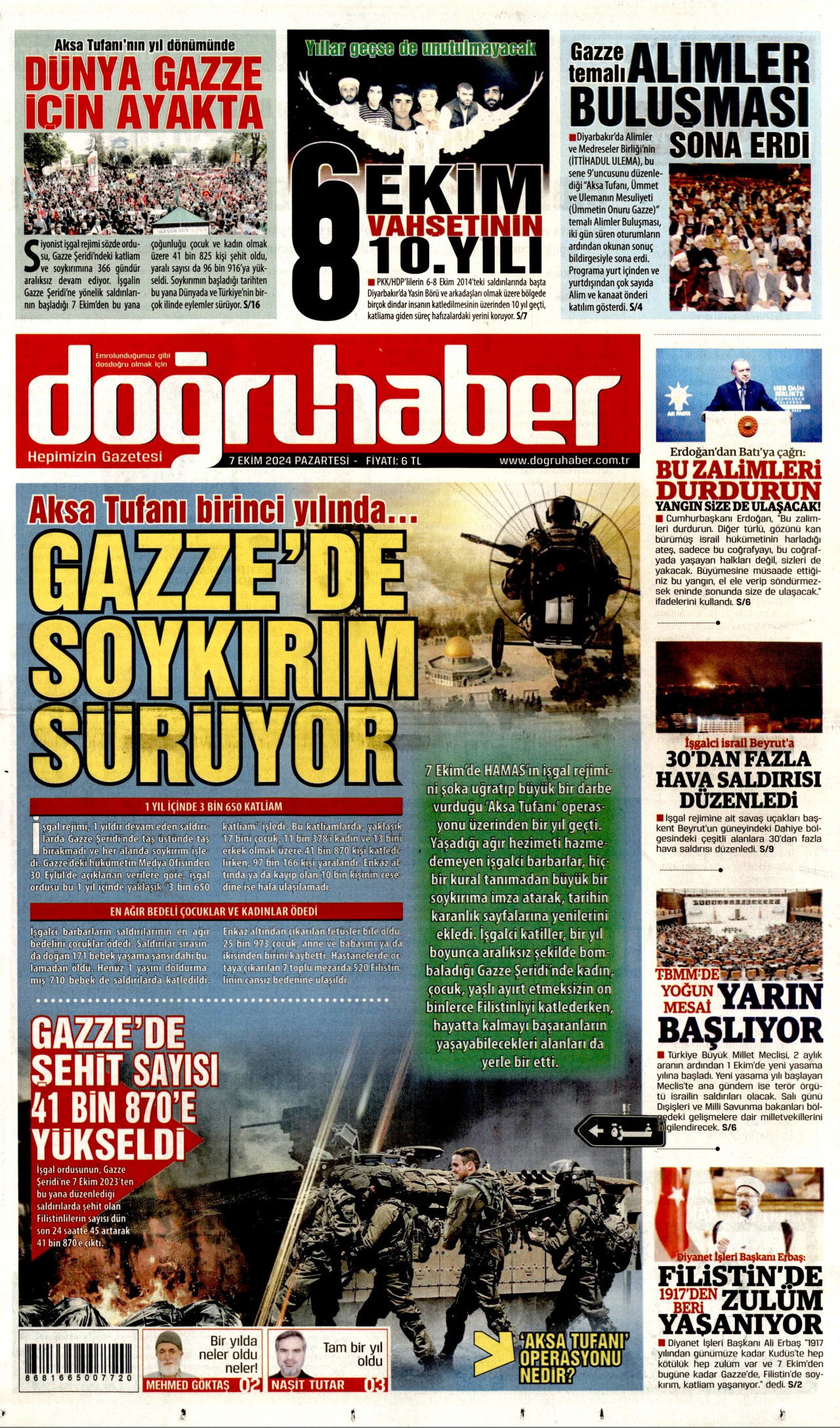 DOĞRU HABER gazetesinin 7 Ekim 2024 tarihli birinci sayfası