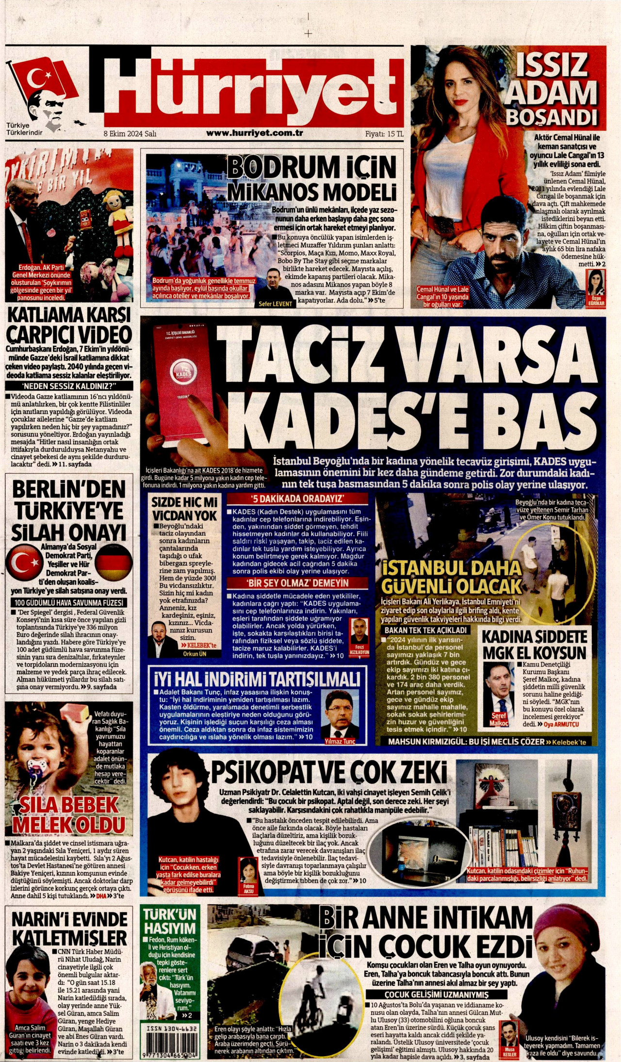 HÜRRİYET gazetesinin 8 Ekim 2024 tarihli birinci sayfası