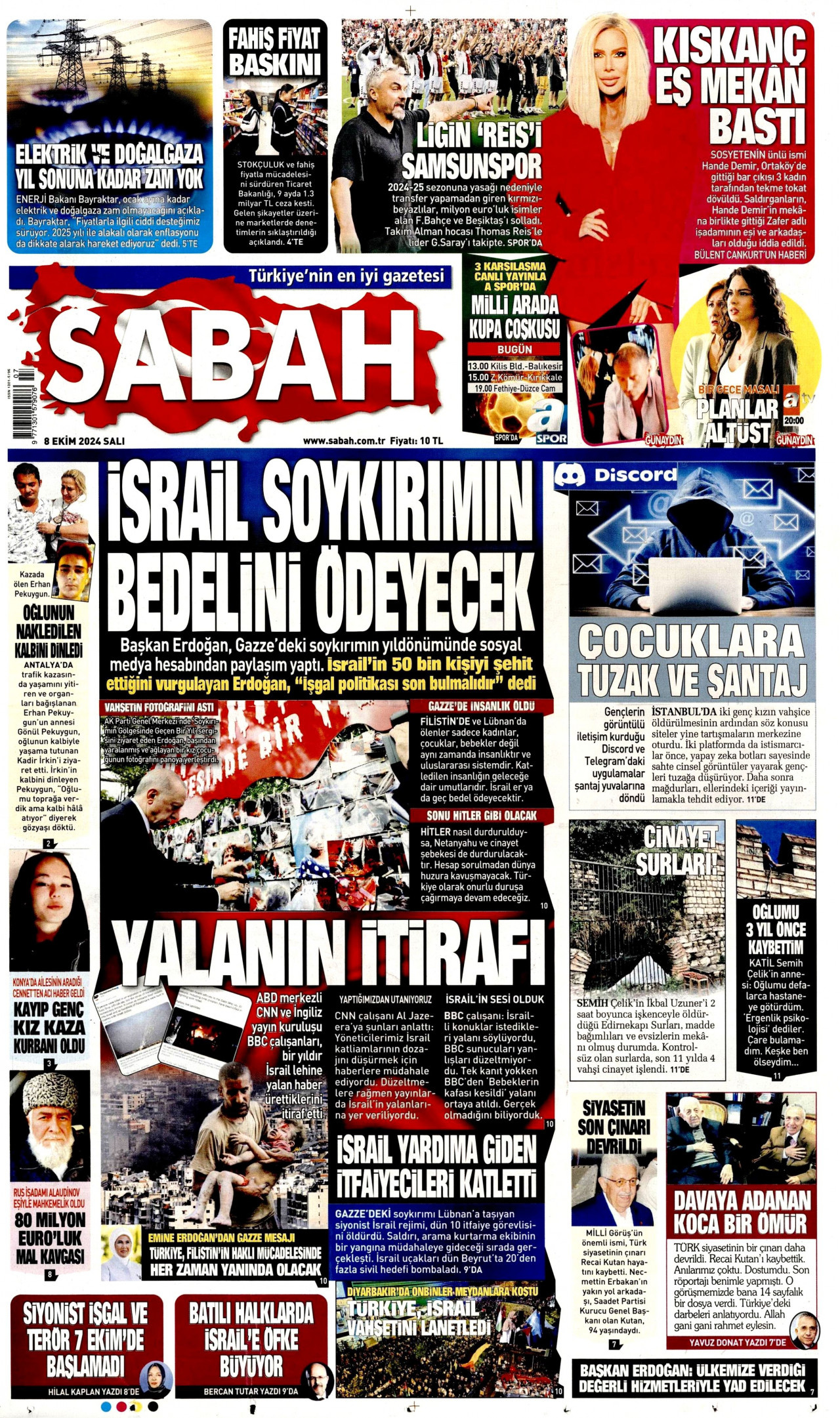 SABAH gazetesinin 8 Ekim 2024 tarihli birinci sayfası