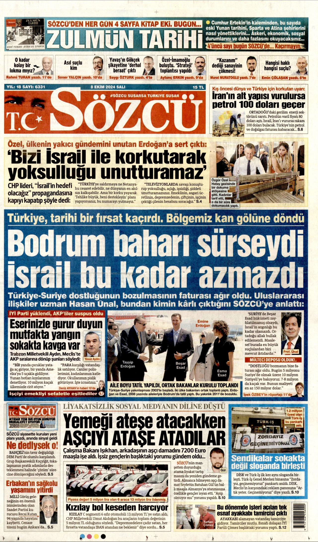 SÖZCÜ gazetesinin 8 Ekim 2024 tarihli birinci sayfası