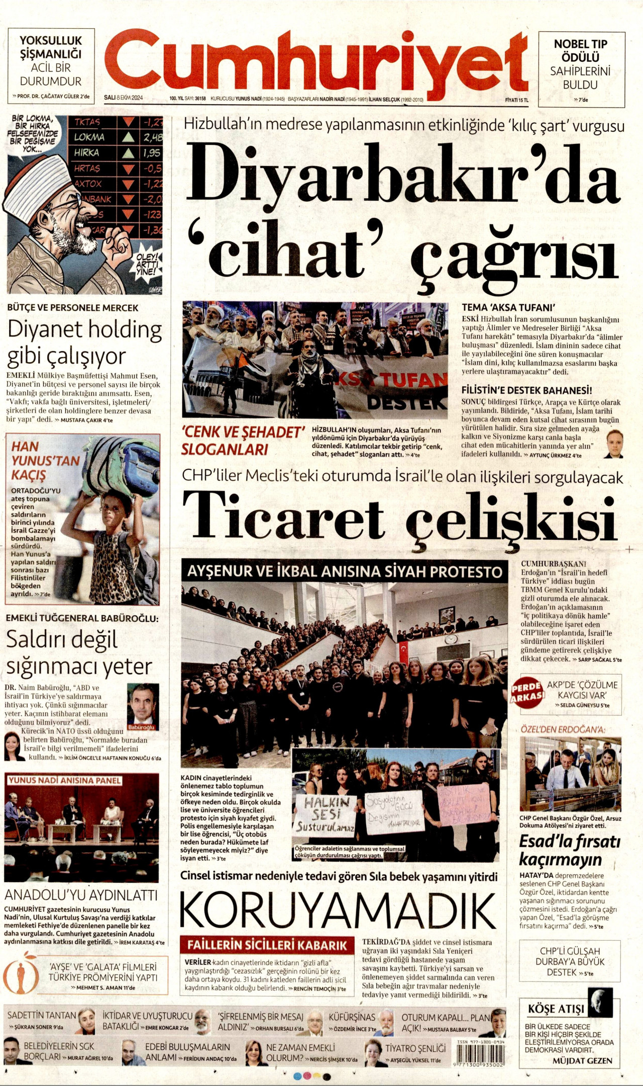 CUMHURİYET gazetesinin 8 Ekim 2024 tarihli birinci sayfası
