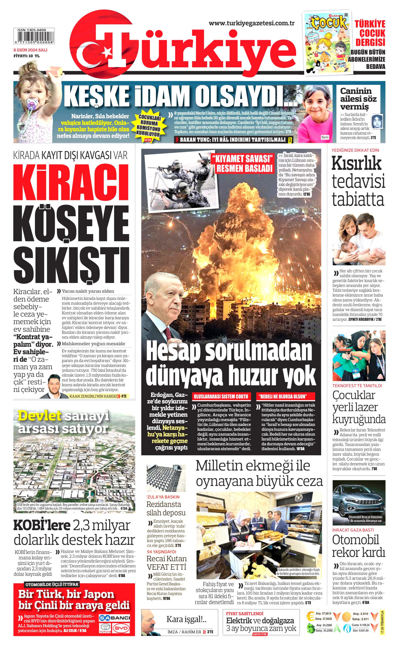 TÜRKİYE GAZETESİ gazetesinin 8 Ekim 2024 tarihli birinci sayfası
