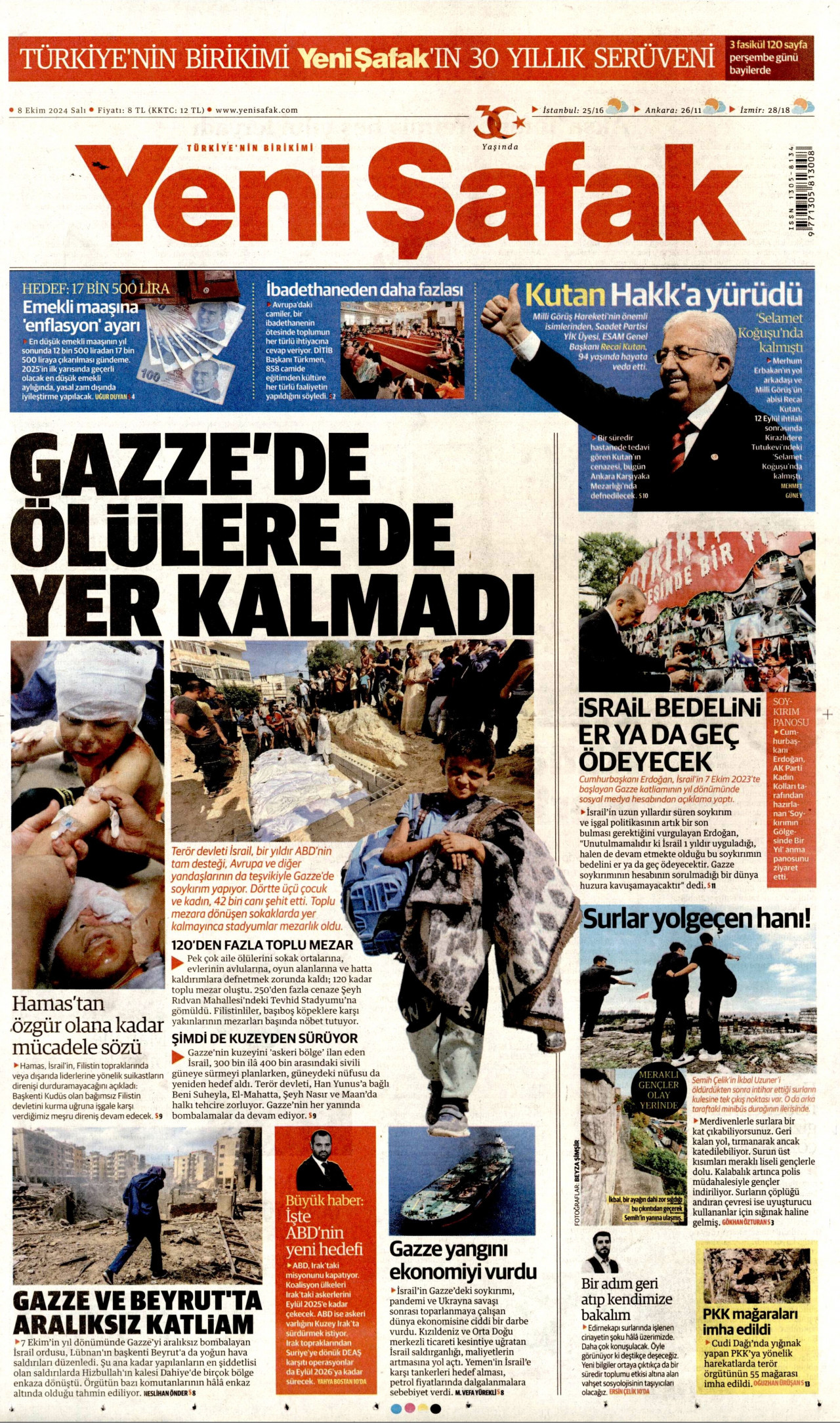 YENİ ŞAFAK gazetesinin 8 Ekim 2024 tarihli birinci sayfası