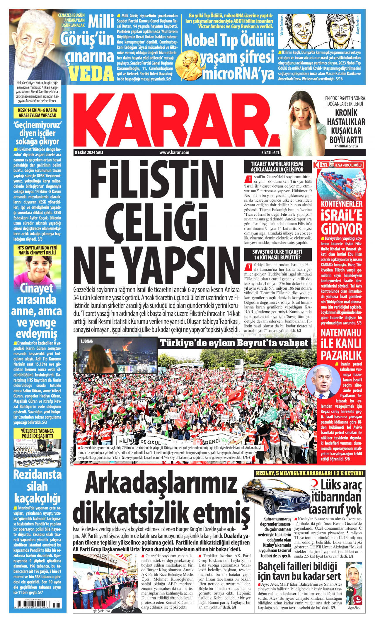 KARAR gazetesinin 8 Ekim 2024 tarihli birinci sayfası