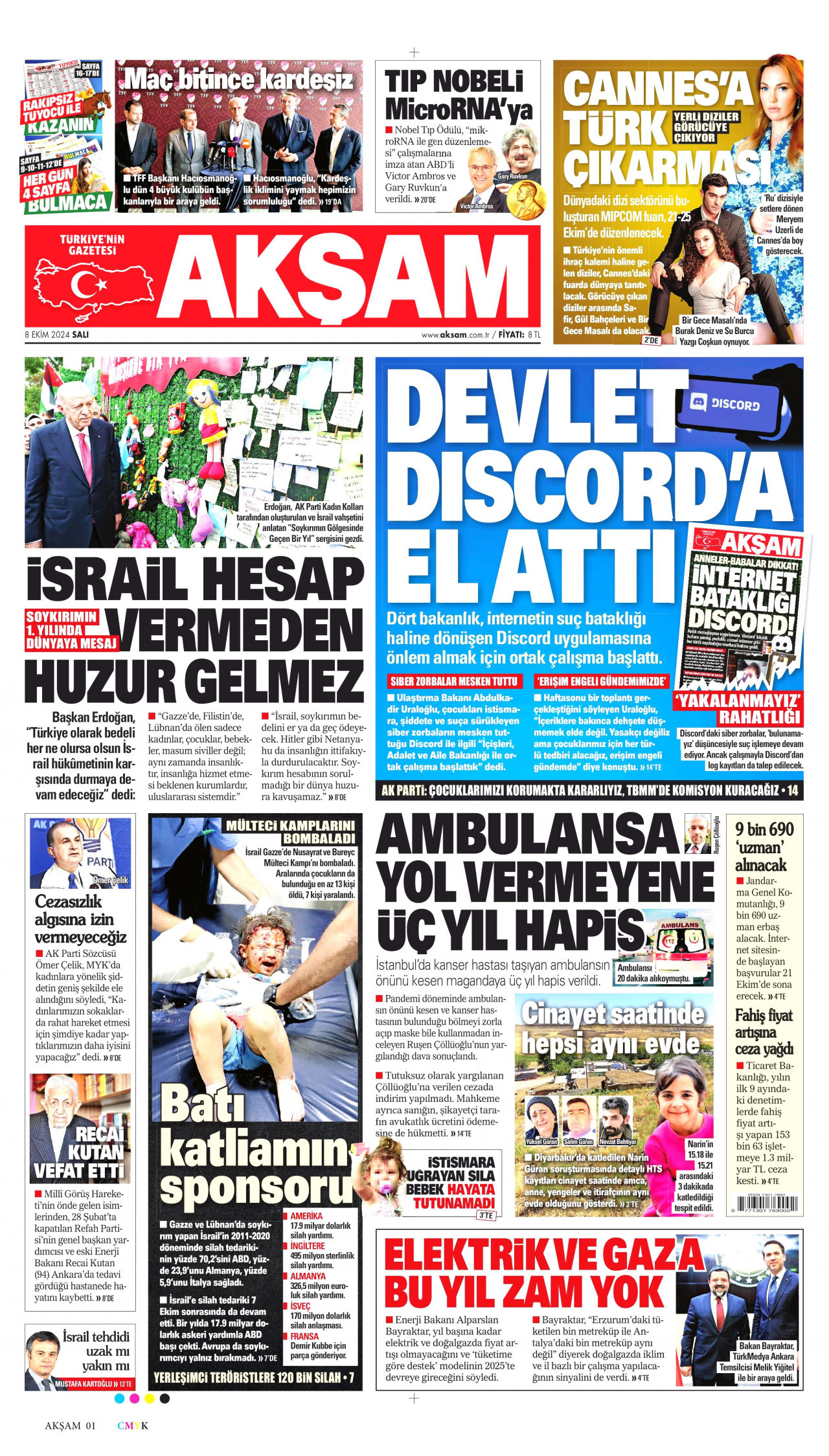 AKŞAM gazetesinin 8 Ekim 2024 tarihli birinci sayfası