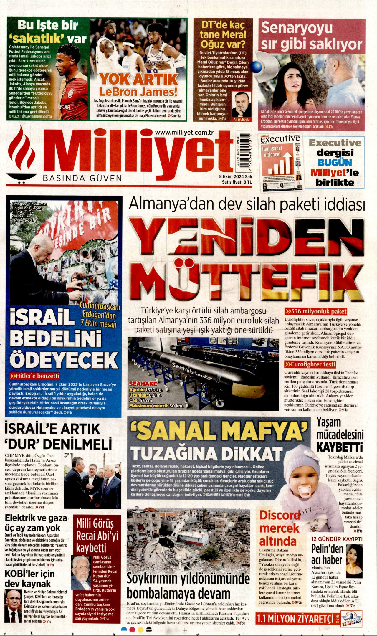 MİLLİYET gazetesinin 8 Ekim 2024 tarihli birinci sayfası