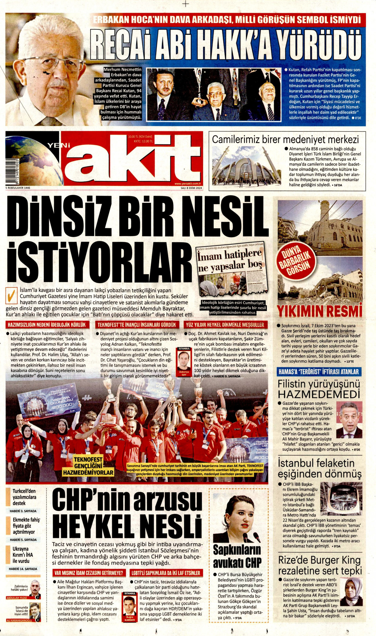 YENİ AKİT gazetesinin 8 Ekim 2024 tarihli birinci sayfası
