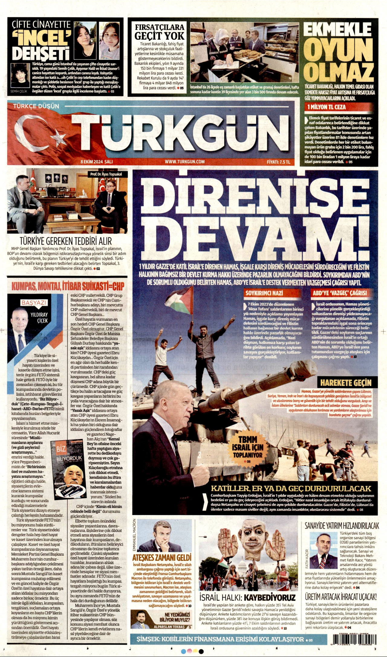 TÜRKGÜN gazetesinin 8 Ekim 2024 tarihli birinci sayfası