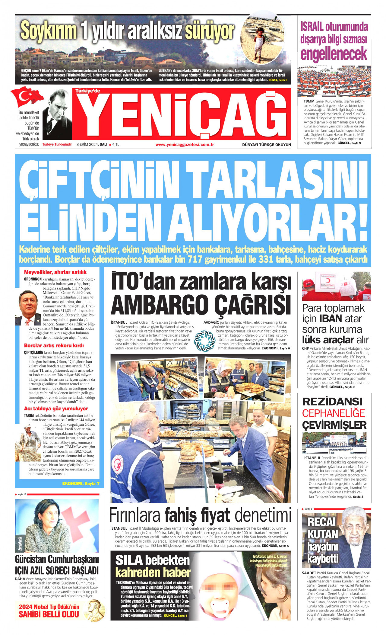YENİÇAĞ gazetesinin 8 Ekim 2024 tarihli birinci sayfası