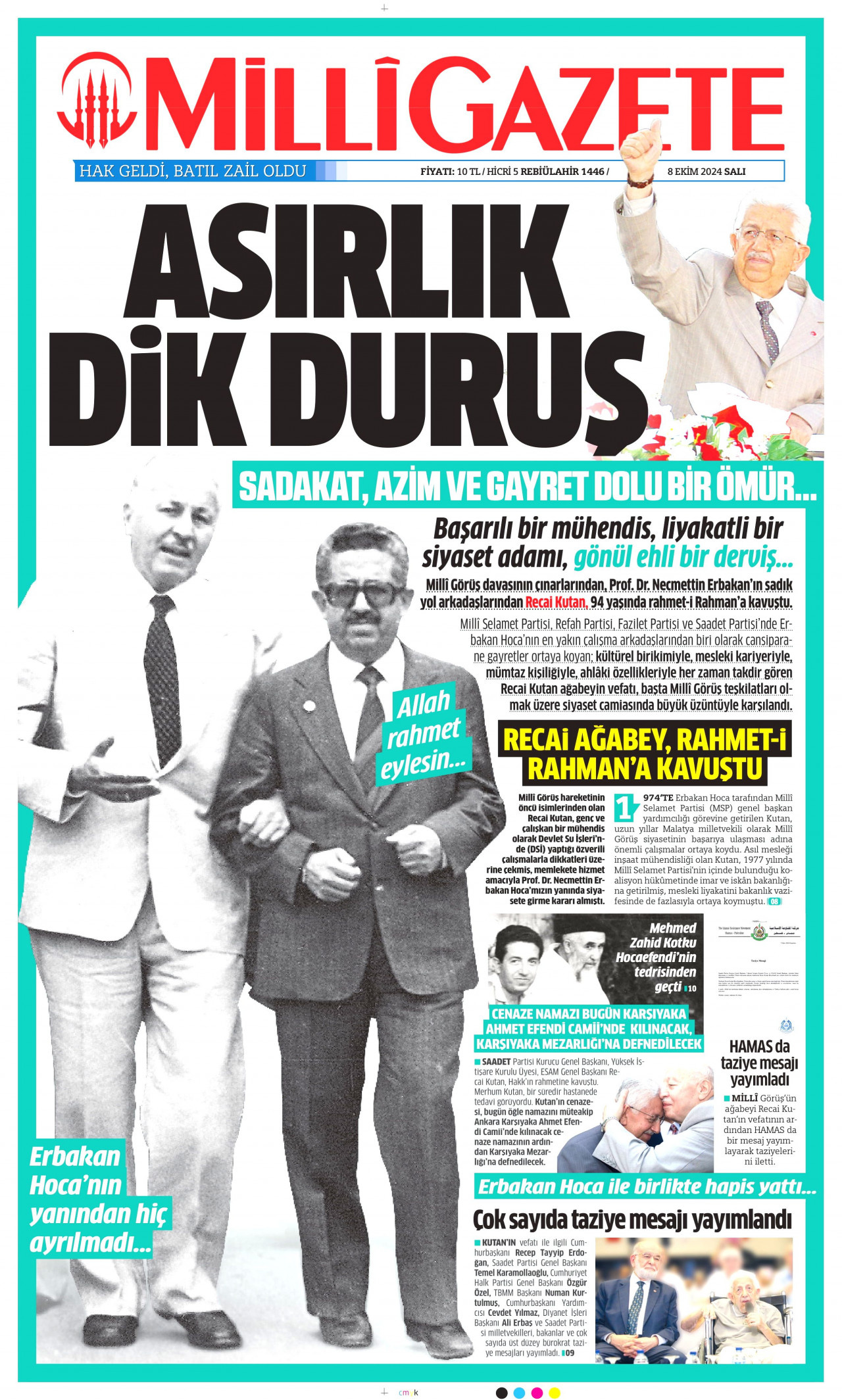 MİLLİ GAZETE gazetesinin 8 Ekim 2024 tarihli birinci sayfası