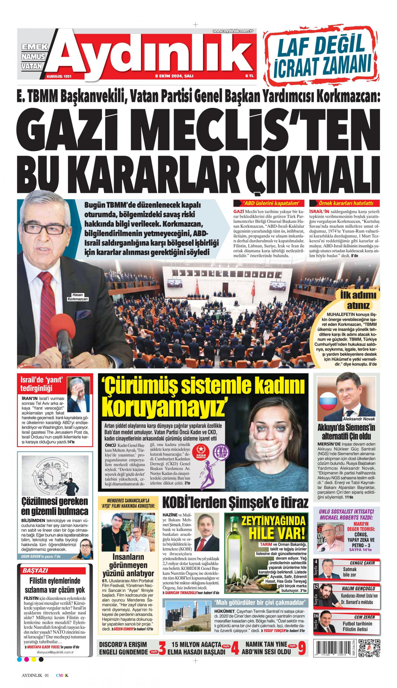 AYDINLIK GAZETESİ gazetesinin 8 Ekim 2024 tarihli birinci sayfası