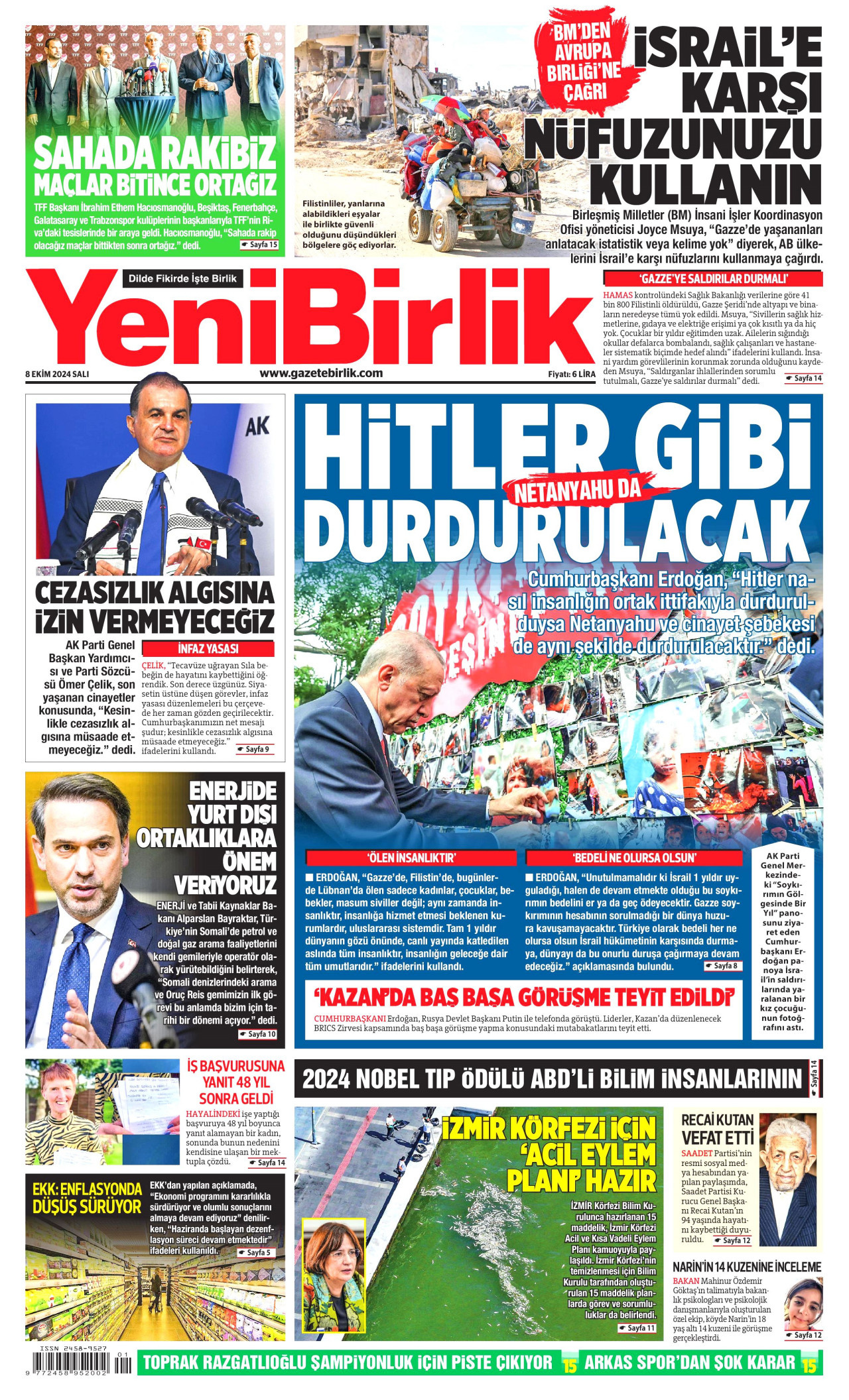 YENİBİRLİK gazetesinin 8 Ekim 2024 tarihli birinci sayfası