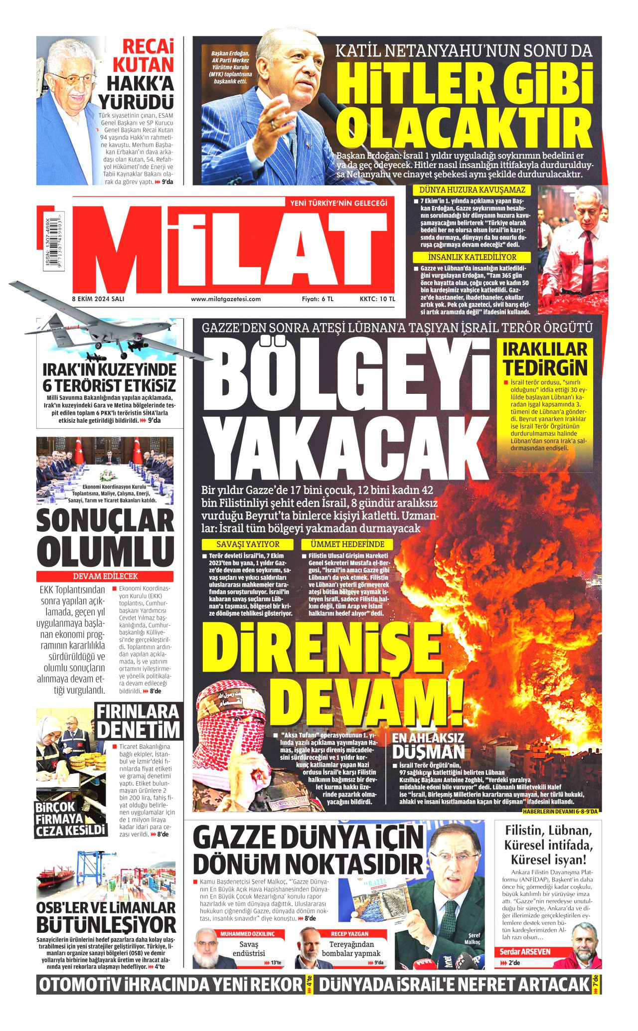 MİLAT gazetesinin 8 Ekim 2024 tarihli birinci sayfası