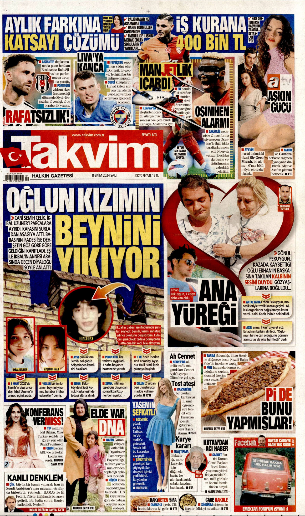 TAKVİM gazetesinin 8 Ekim 2024 tarihli birinci sayfası