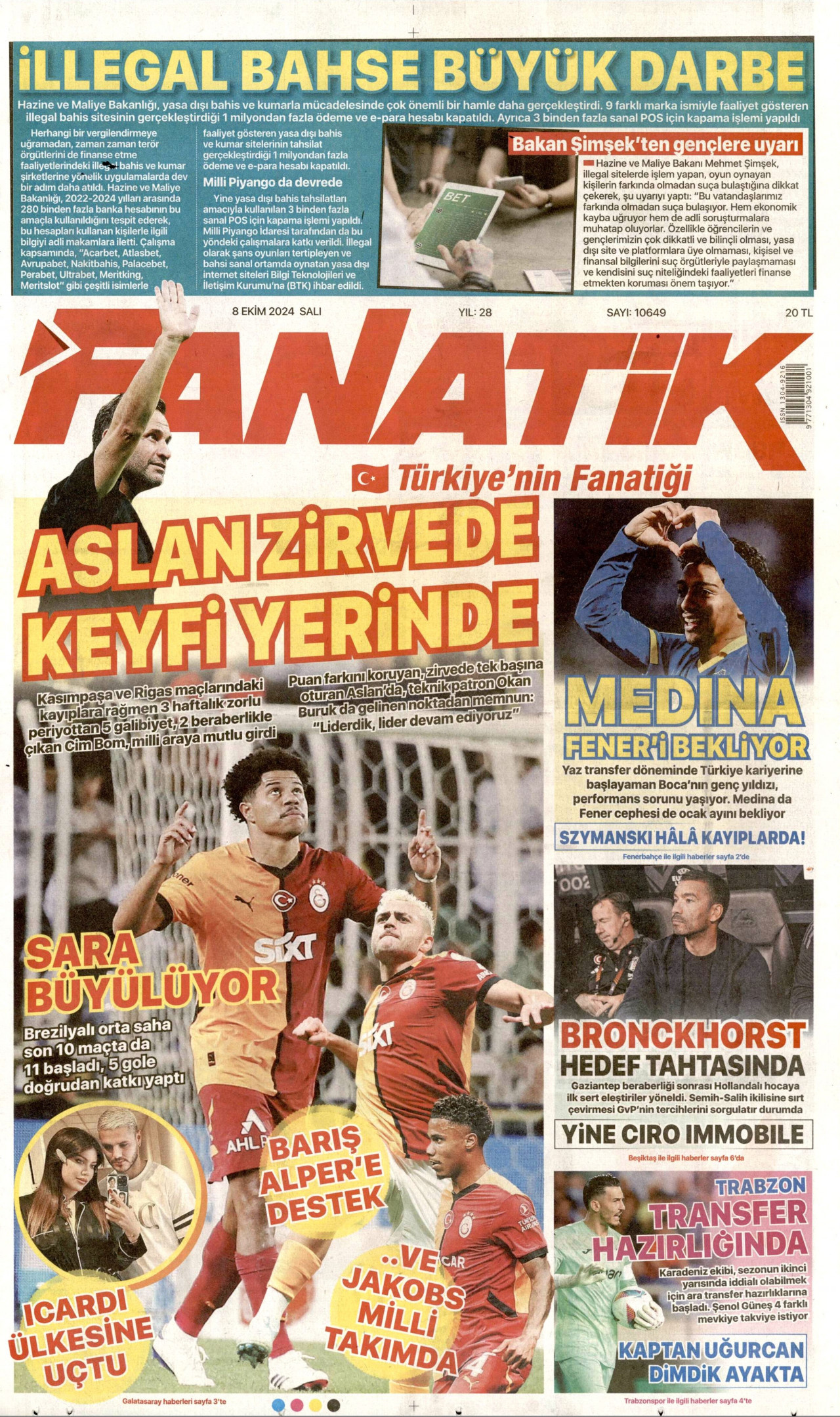 FANATİK gazetesinin 8 Ekim 2024 tarihli birinci sayfası
