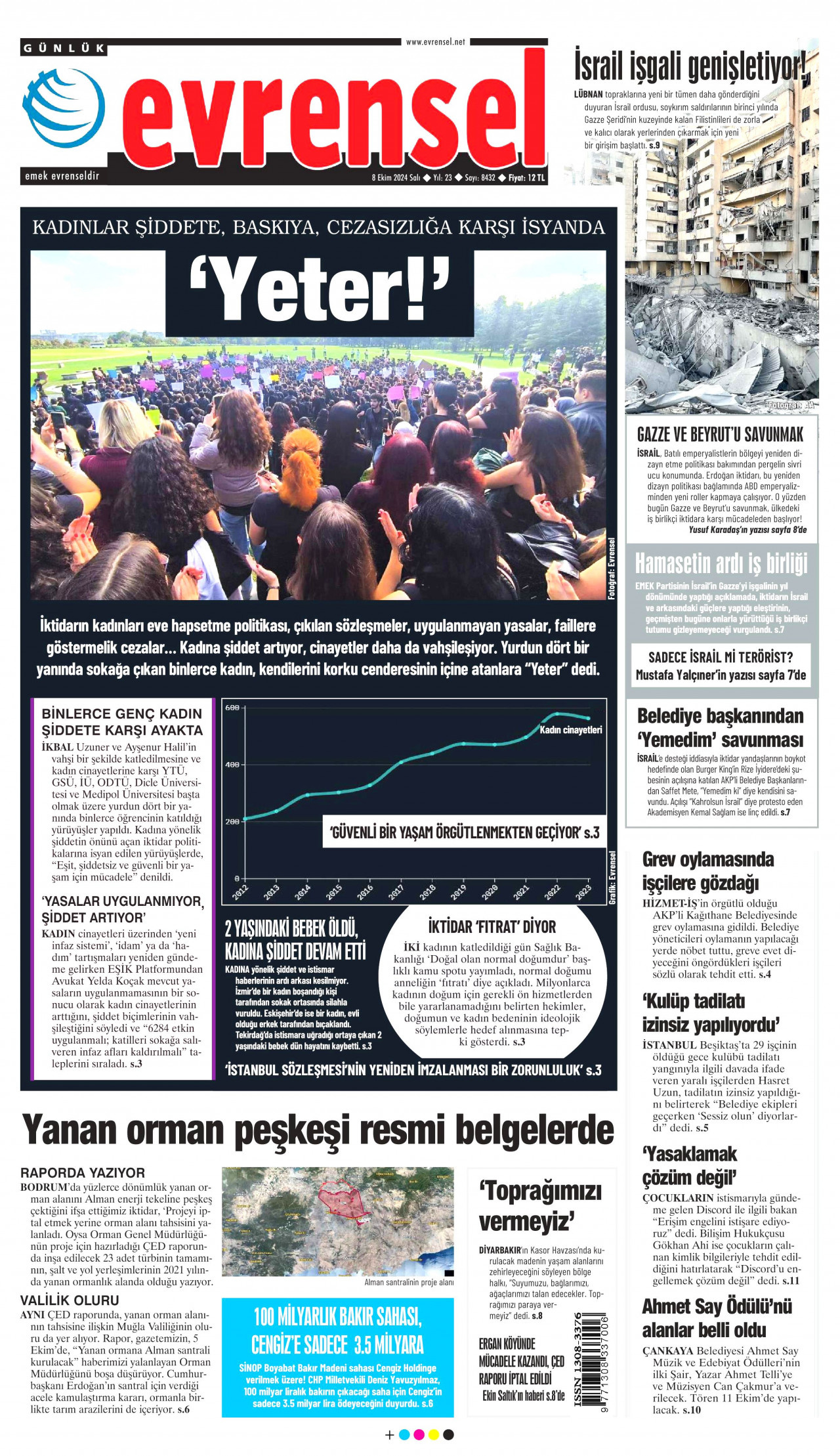 EVRENSEL gazetesinin 8 Ekim 2024 tarihli birinci sayfası