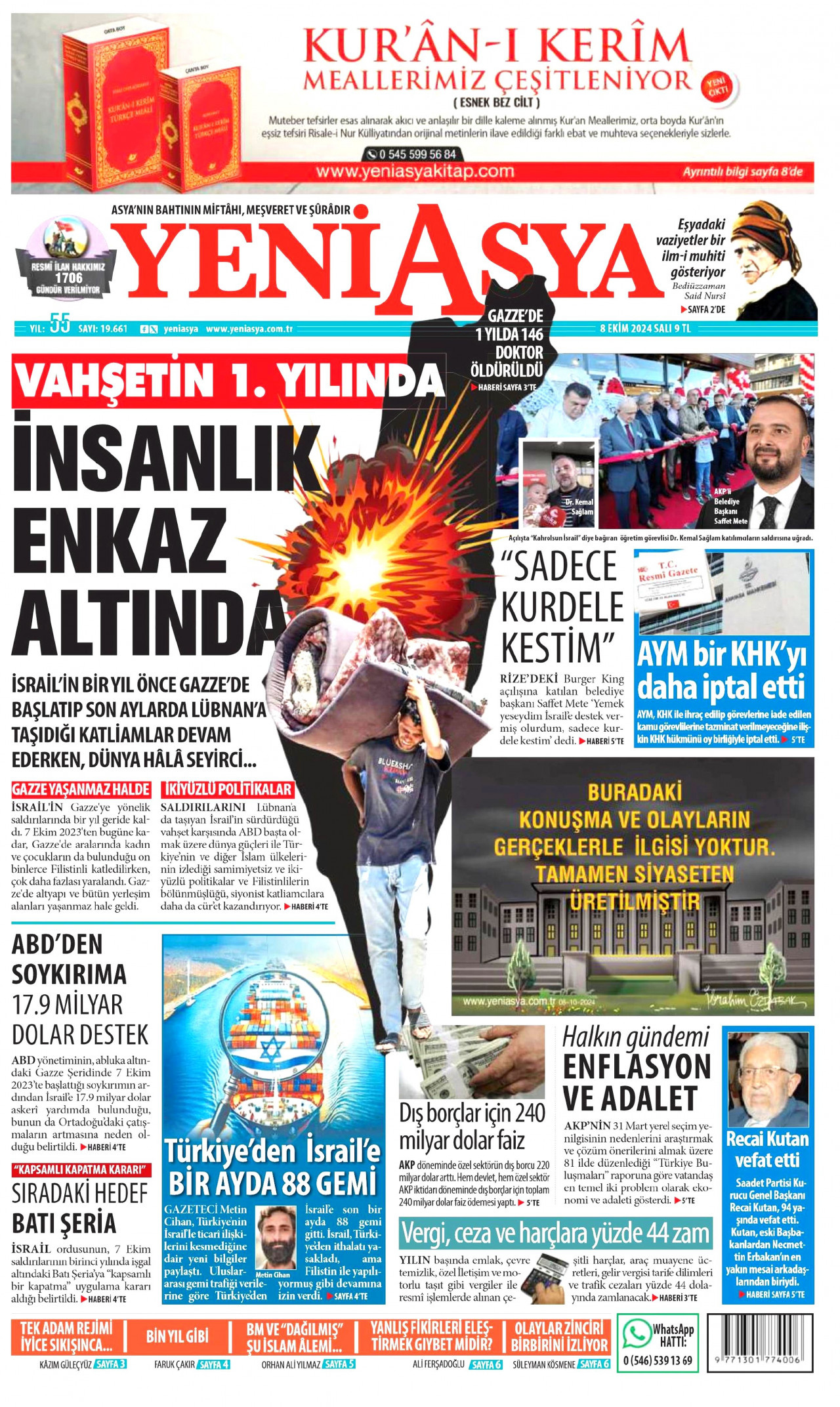 YENİ ASYA gazetesinin 8 Ekim 2024 tarihli birinci sayfası