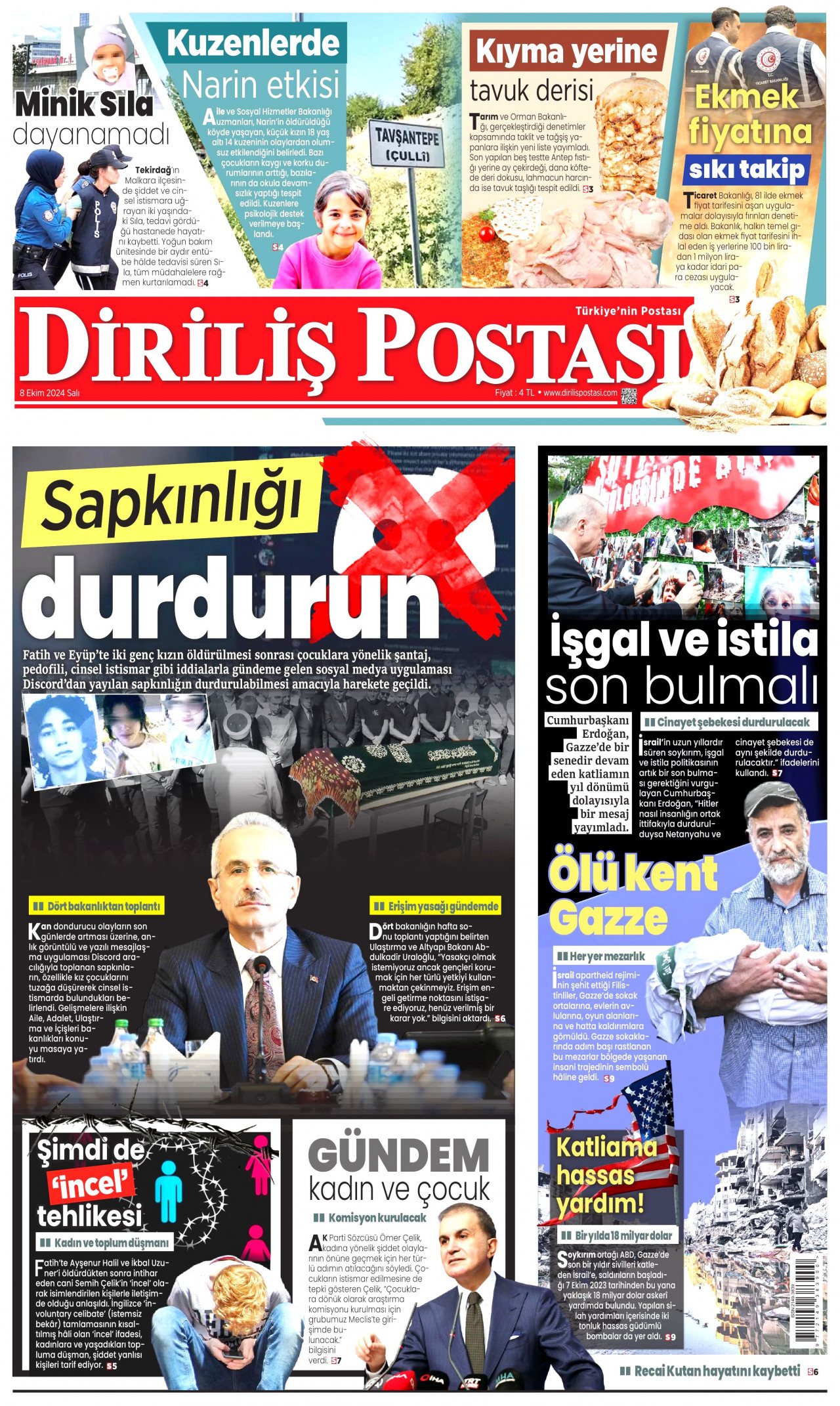 DİRİLİŞ POSTASI gazetesinin 8 Ekim 2024 tarihli birinci sayfası