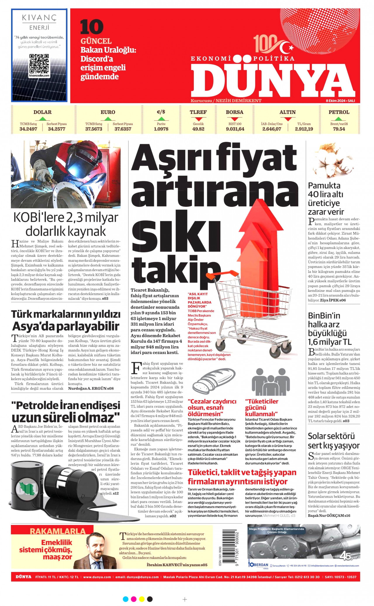 DÜNYA gazetesinin 8 Ekim 2024 tarihli birinci sayfası