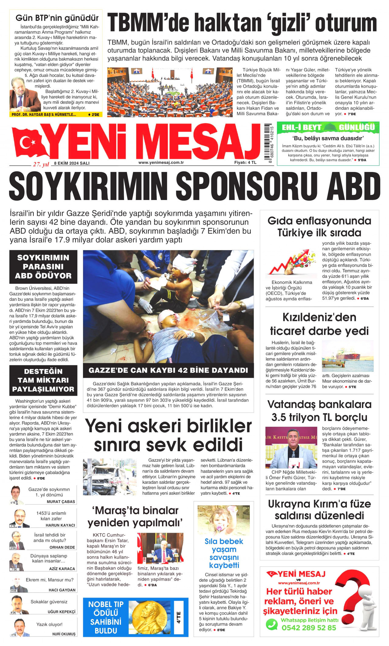YENİ MESAJ gazetesinin 8 Ekim 2024 tarihli birinci sayfası
