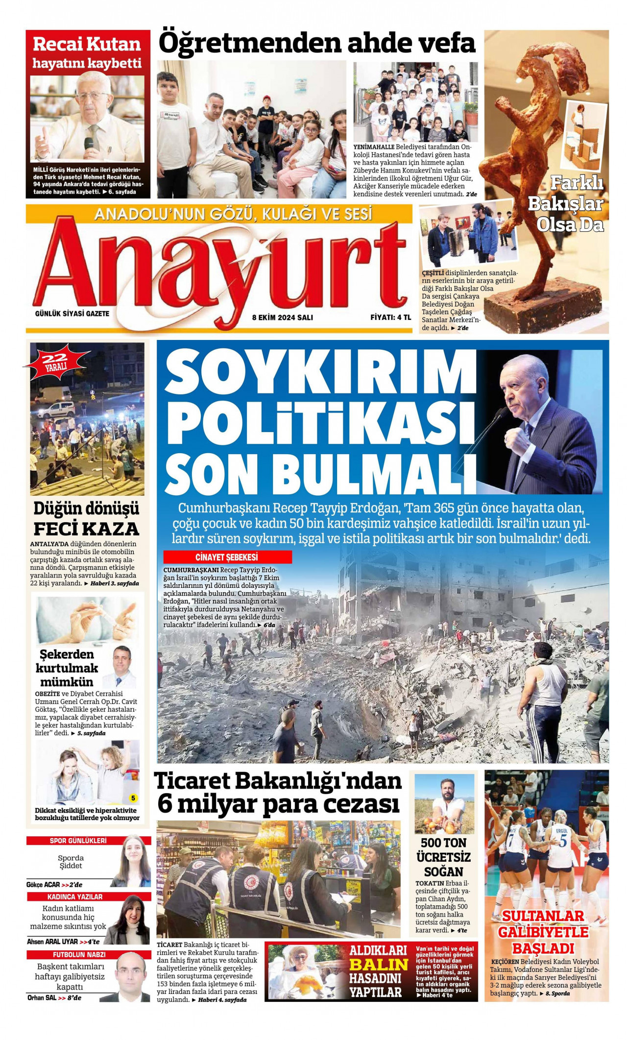 ANAYURT gazetesinin 8 Ekim 2024 tarihli birinci sayfası